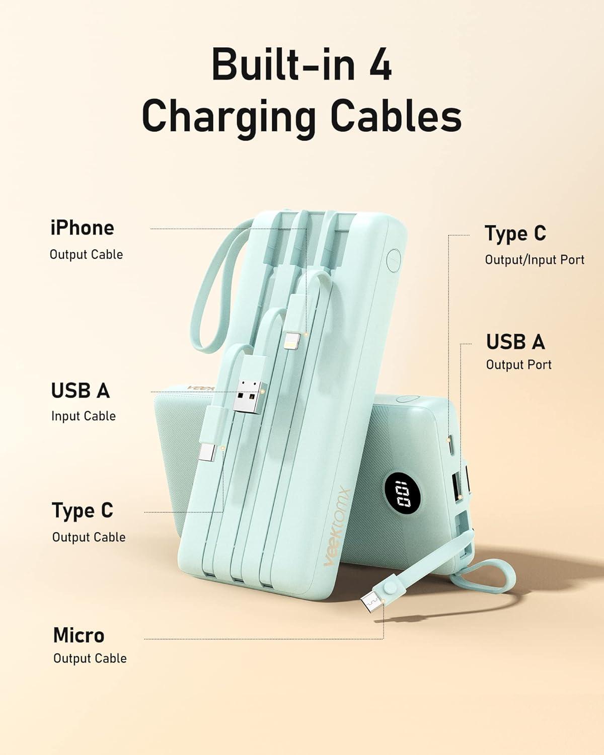 imageVEEKTOMX Portable Charger Builtin Cables Power Bank for iPhone Fast Charge USB C Battery Pack Travel Essentials Powerbank Compatible with iPhone 17161514 Samsung S2524Blue