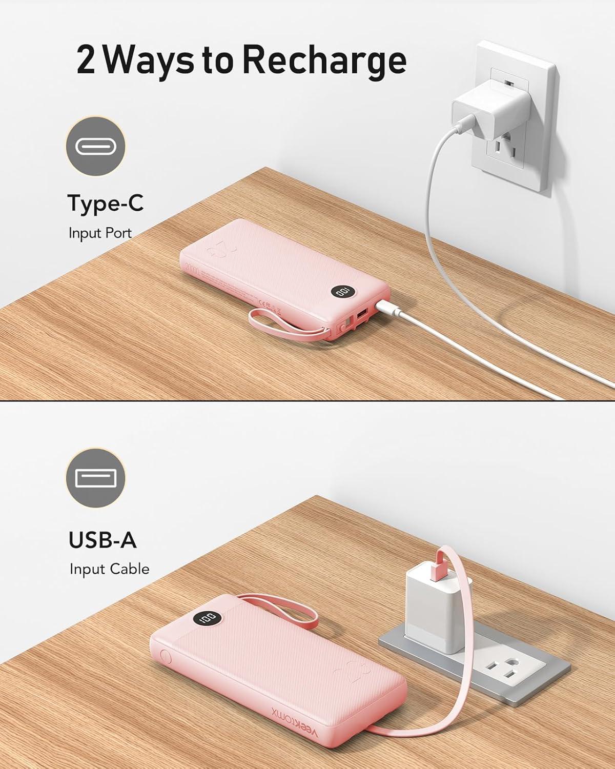 imageVEEKTOMX Portable Charger Builtin Cables Power Bank for iPhone Fast Charge USB C Battery Pack Travel Essentials Powerbank Compatible with iPhone 17161514 Samsung S2524Pink