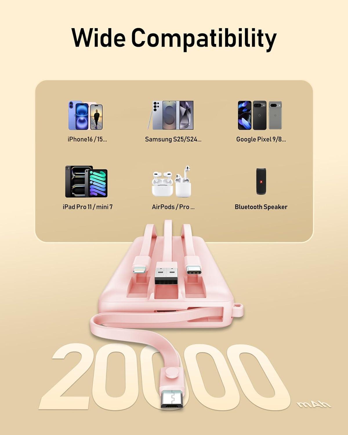 imageVEEKTOMX Portable Charger Builtin Cables Power Bank for iPhone Fast Charge USB C Battery Pack Travel Essentials Powerbank Compatible with iPhone 17161514 Samsung S2524Pink