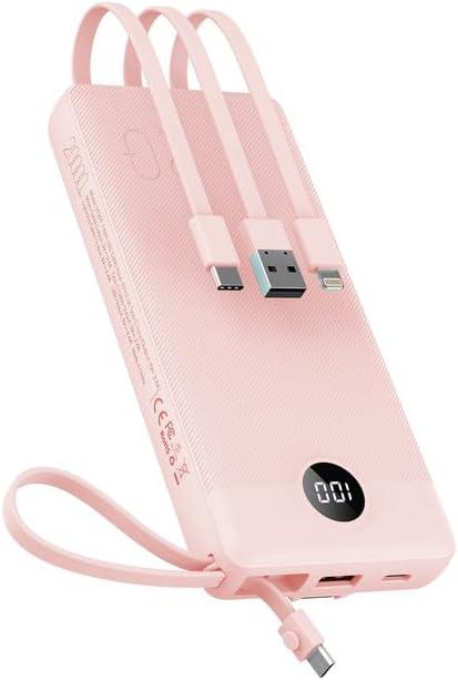 imageVEEKTOMX Portable Charger Builtin Cables Power Bank for iPhone Fast Charge USB C Battery Pack Travel Essentials Powerbank Compatible with iPhone 17161514 Samsung S2524Pink