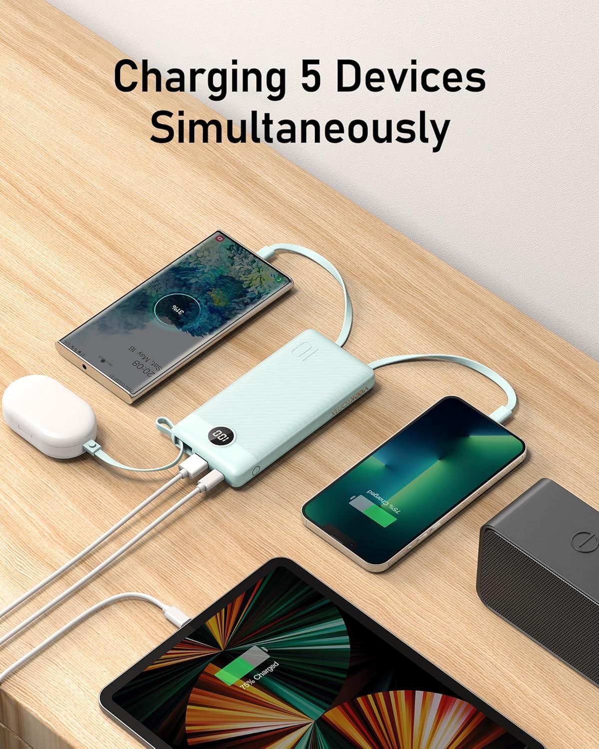 imageVEEKTOMX Portable Charger Builtin Cables Power Bank for iPhone Fast Charge USB C Battery Pack Travel Essentials Powerbank Compatible with iPhone 17161514 Samsung S2524Blue