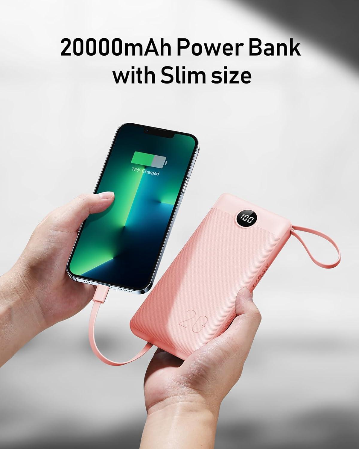 imageVEEKTOMX Portable Charger Builtin Cables Power Bank for iPhone Fast Charge USB C Battery Pack Travel Essentials Powerbank Compatible with iPhone 17161514 Samsung S2524Pink