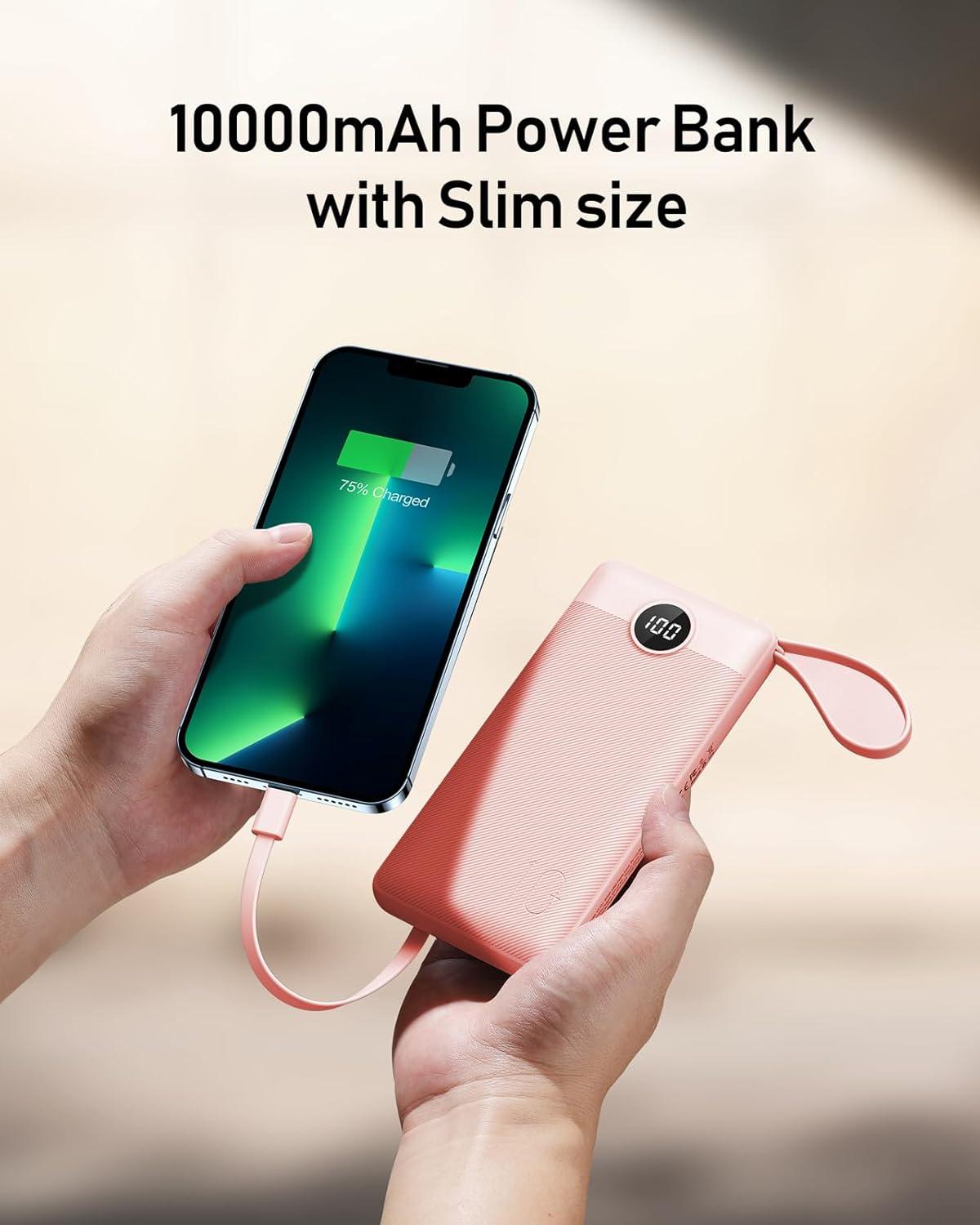 imageVEEKTOMX Portable Charger Builtin Cables Power Bank for iPhone Fast Charge USB C Battery Pack Travel Essentials Powerbank Compatible with iPhone 17161514 Samsung S2524Pink