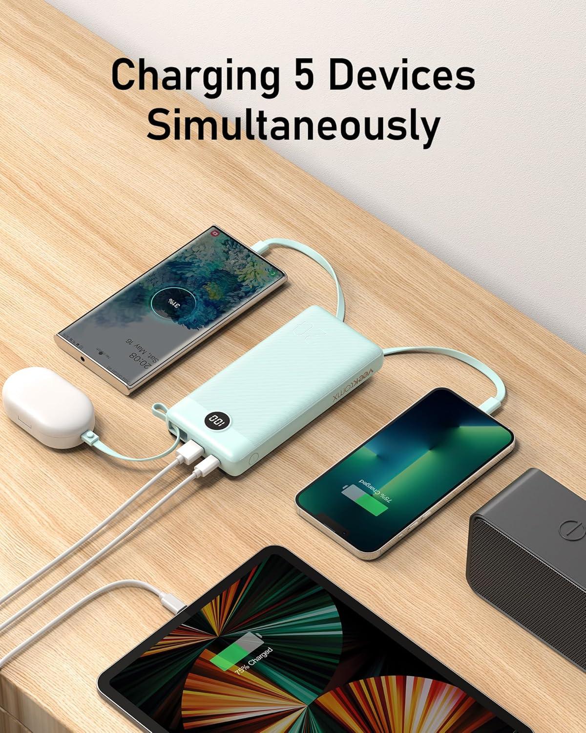 imageVEEKTOMX Portable Charger Builtin Cables Power Bank for iPhone Fast Charge USB C Battery Pack Travel Essentials Powerbank Compatible with iPhone 17161514 Samsung S2524Blue