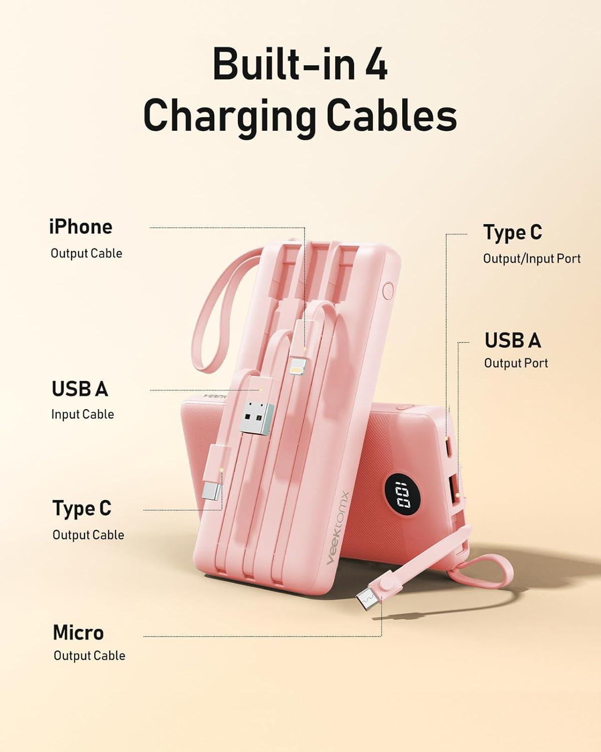 imageVEEKTOMX Portable Charger Builtin Cables Power Bank for iPhone Fast Charge USB C Battery Pack Travel Essentials Powerbank Compatible with iPhone 17161514 Samsung S2524Pink