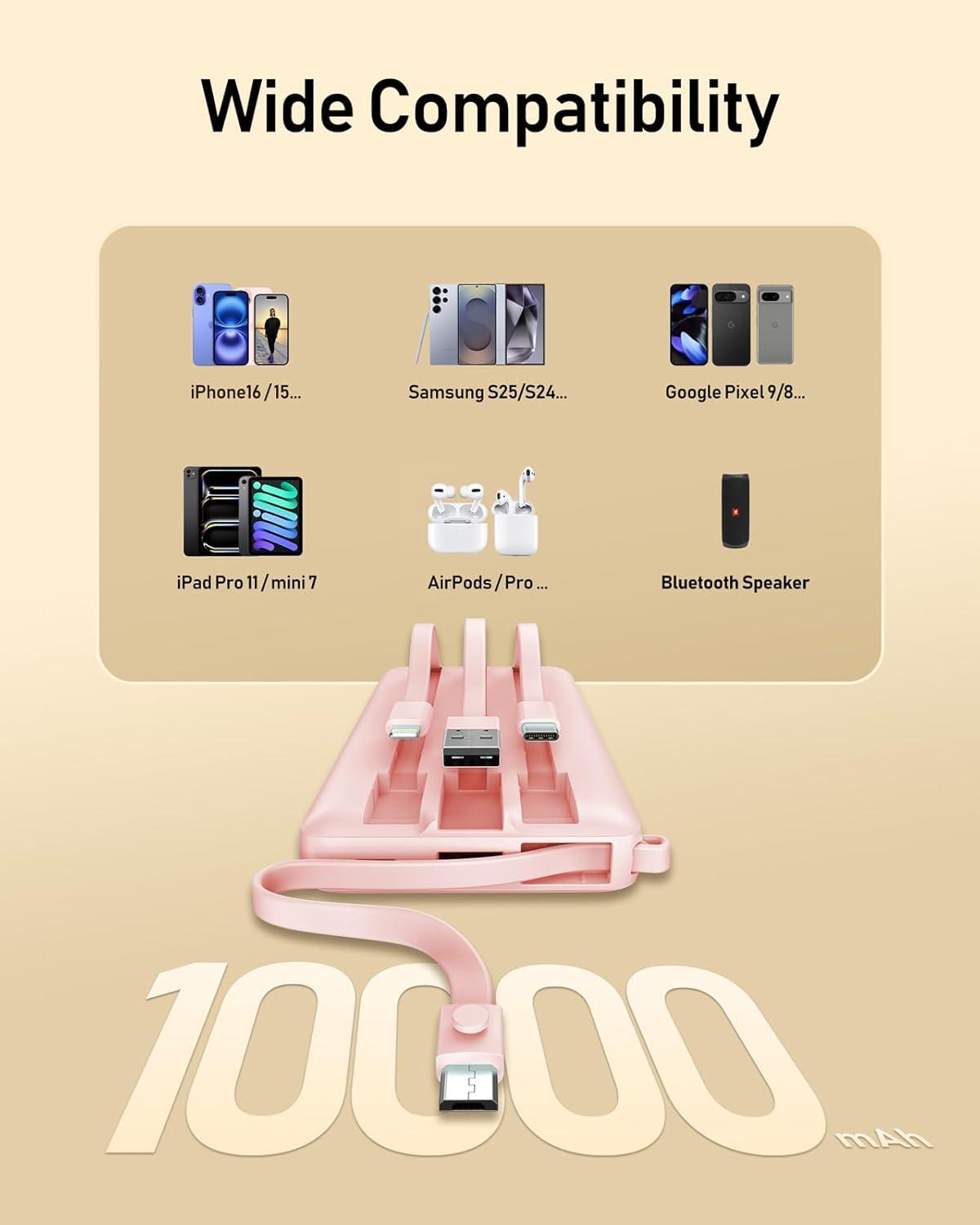 imageVEEKTOMX Portable Charger Builtin Cables Power Bank for iPhone Fast Charge USB C Battery Pack Travel Essentials Powerbank Compatible with iPhone 17161514 Samsung S2524Pink