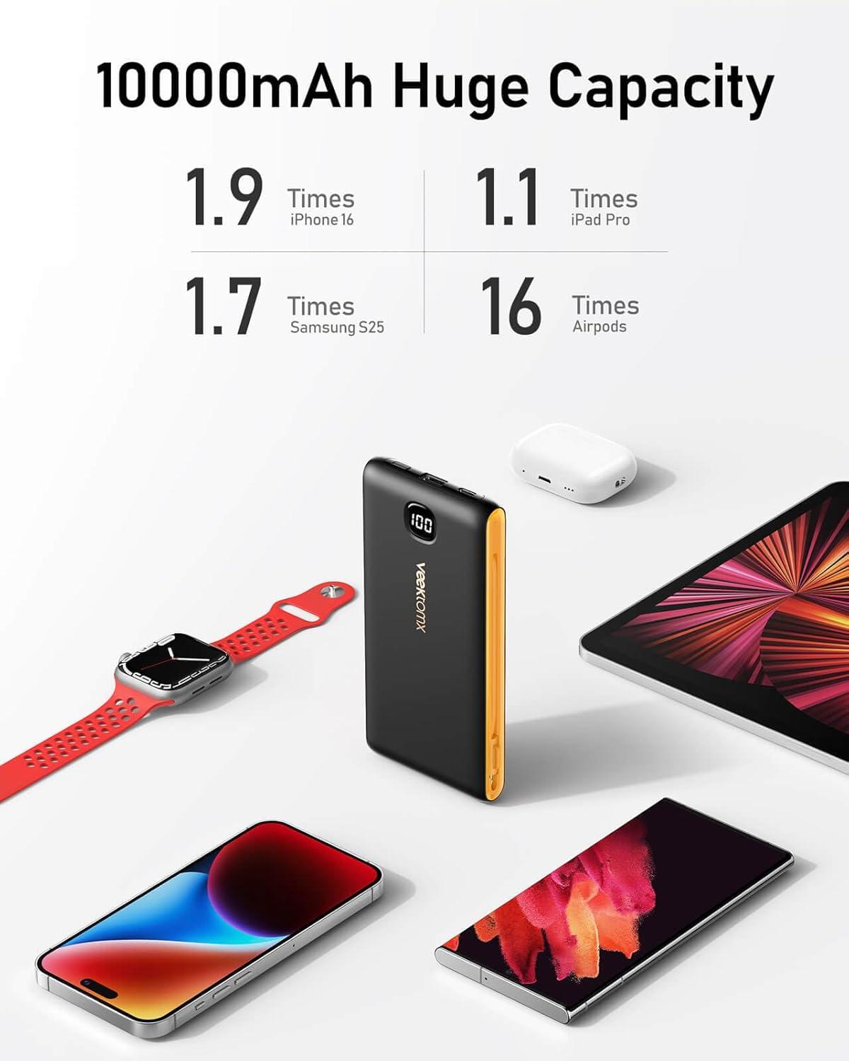 imageVEEKTOMX Portable Charger with Built in Cables 20000mAh Power Bank for iPhone with AC Wall Plug Fast Charging USB C Slim Battery Pack with LED Display Compatible with iPhone151413 SamsungDark GrayYellow