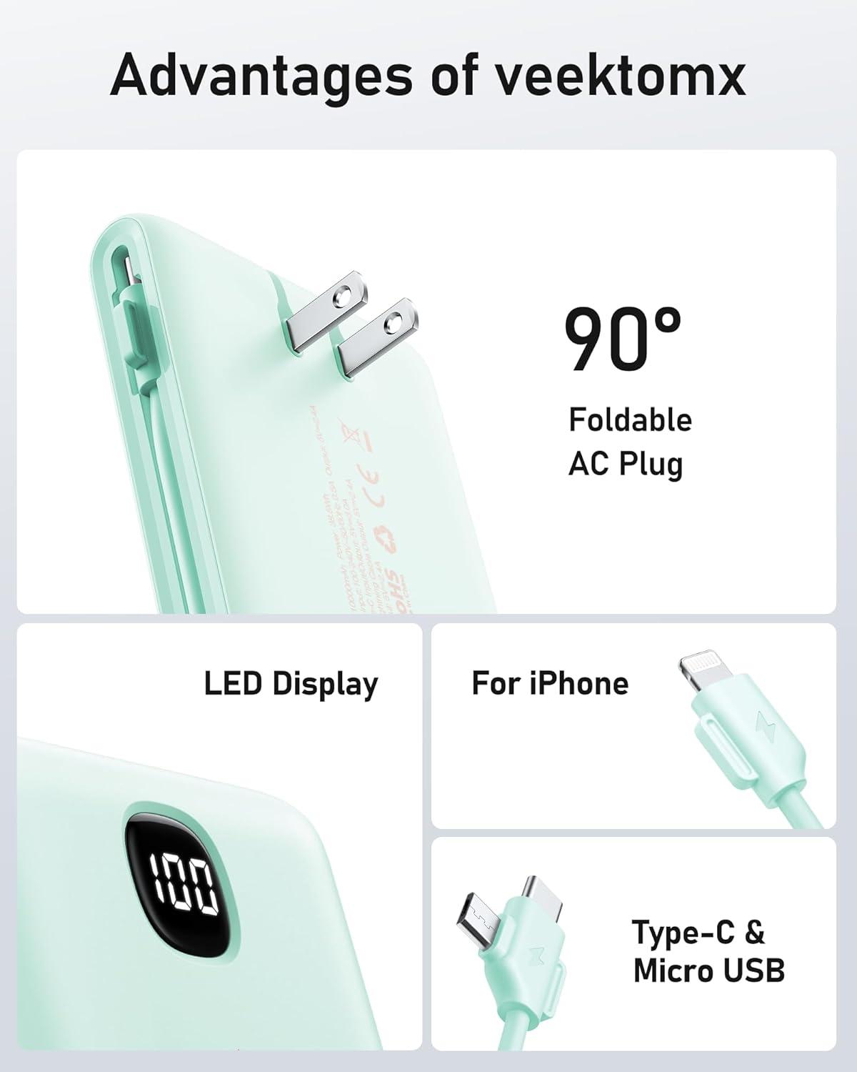 imageVEEKTOMX Portable Charger with Built in Cables 20000mAh Power Bank for iPhone with AC Wall Plug Fast Charging USB C Slim Battery Pack with LED Display Compatible with iPhone151413 SamsungCyan