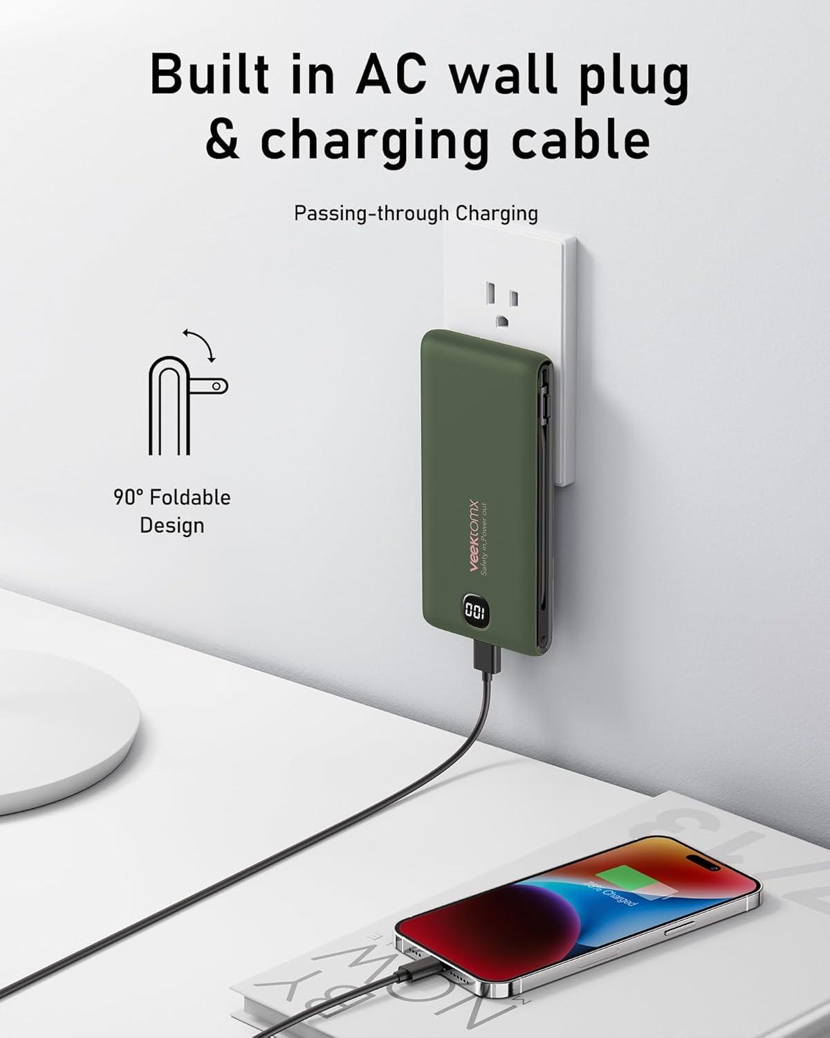 imageVEEKTOMX Portable Charger with Built in Cables 20000mAh Power Bank for iPhone with AC Wall Plug Fast Charging USB C Slim Battery Pack with LED Display Compatible with iPhone151413 SamsungDark Green