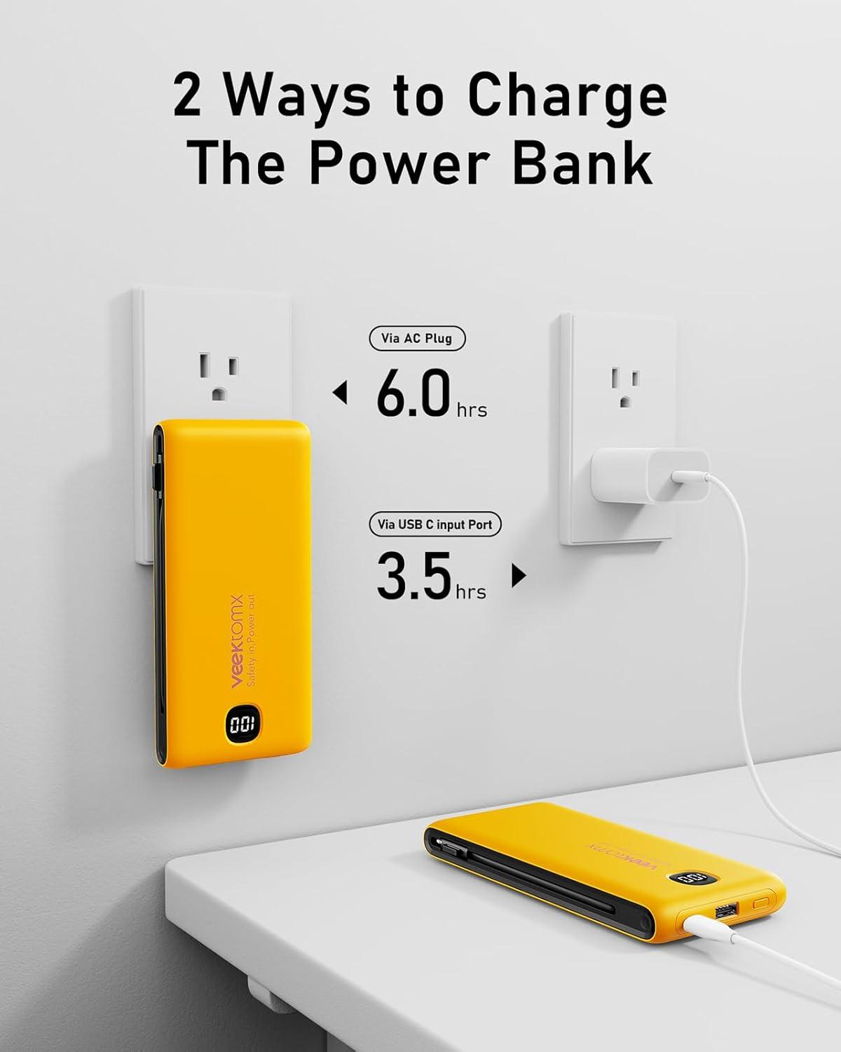imageVEEKTOMX Portable Charger with Built in Cables 20000mAh Power Bank for iPhone with AC Wall Plug Fast Charging USB C Slim Battery Pack with LED Display Compatible with iPhone151413 SamsungOrange