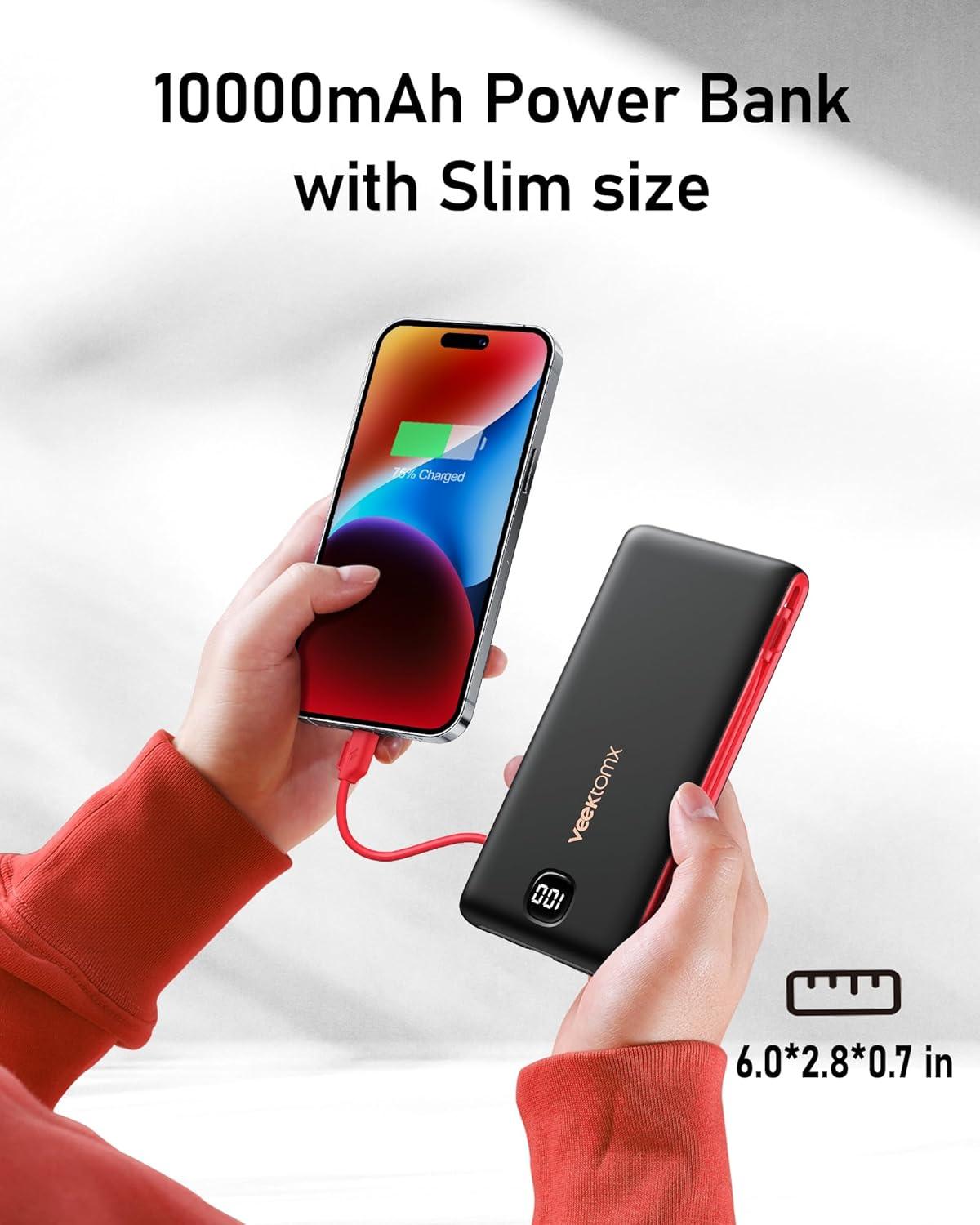 imageVEEKTOMX Portable Charger with Built in Cables 20000mAh Power Bank for iPhone with AC Wall Plug Fast Charging USB C Slim Battery Pack with LED Display Compatible with iPhone151413 Samsung10000mAh BlackRed
