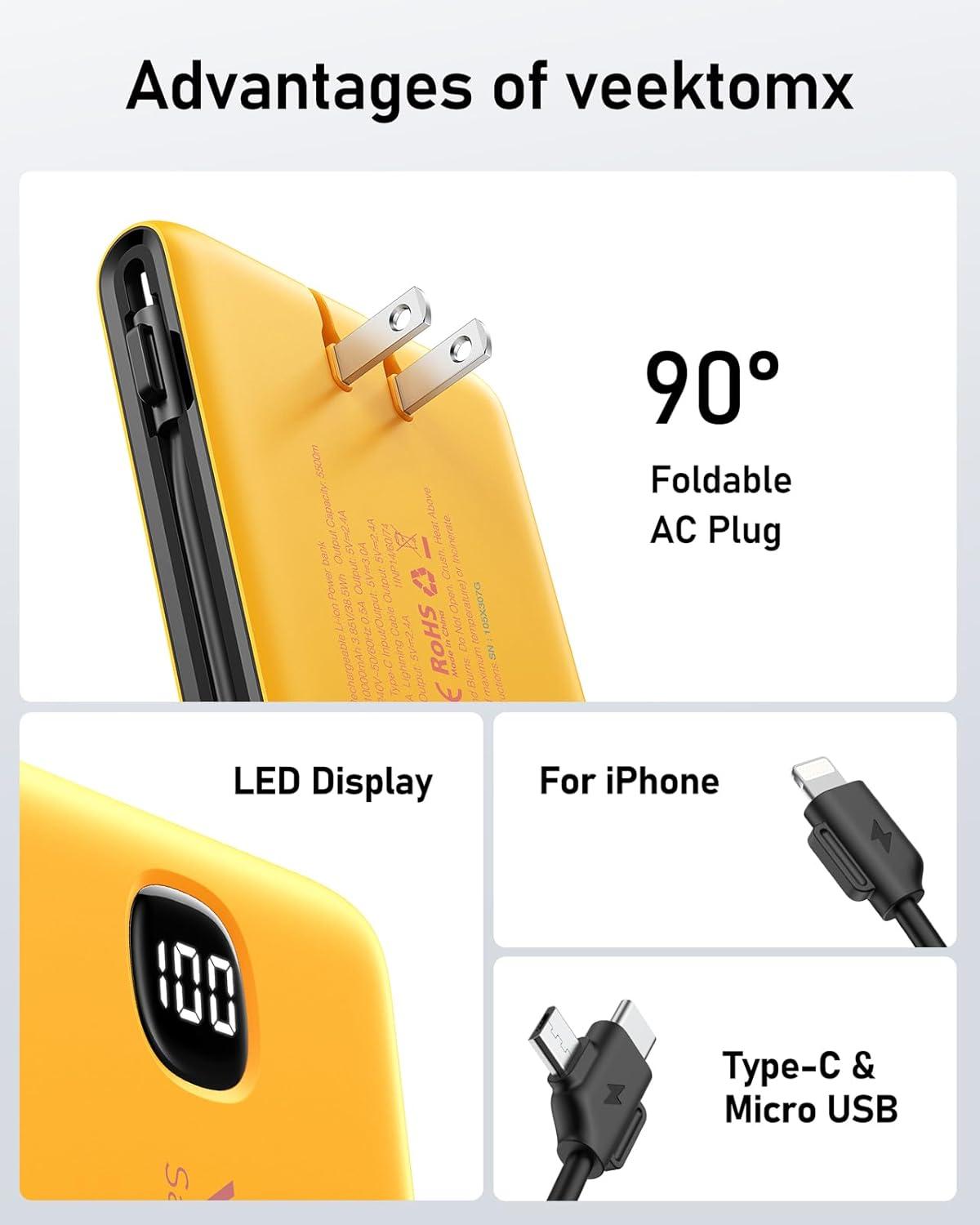 imageVEEKTOMX Portable Charger with Built in Cables 20000mAh Power Bank for iPhone with AC Wall Plug Fast Charging USB C Slim Battery Pack with LED Display Compatible with iPhone151413 SamsungOrange