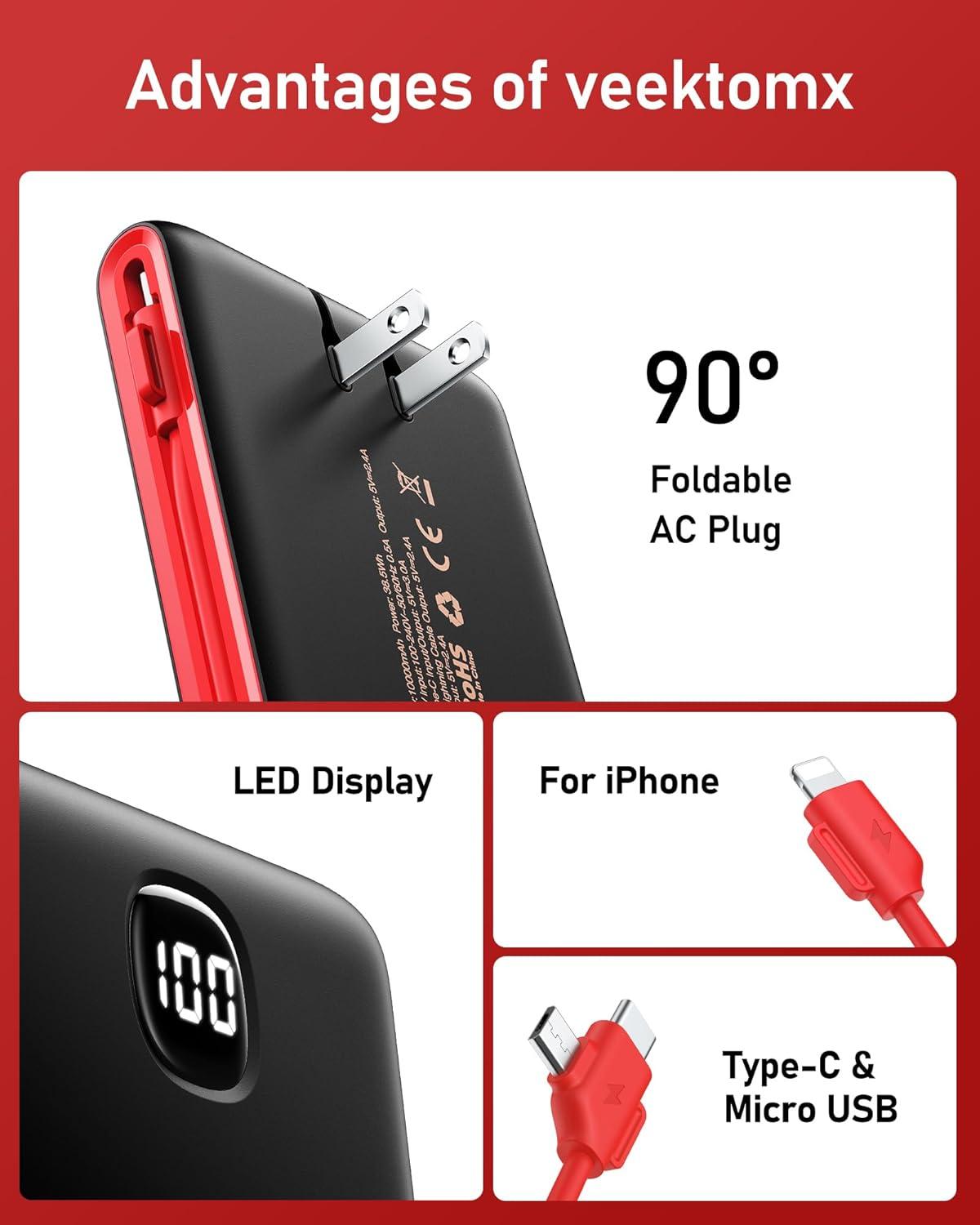 imageVEEKTOMX Portable Charger with Built in Cables 20000mAh Power Bank for iPhone with AC Wall Plug Fast Charging USB C Slim Battery Pack with LED Display Compatible with iPhone151413 Samsung10000mAh BlackRed