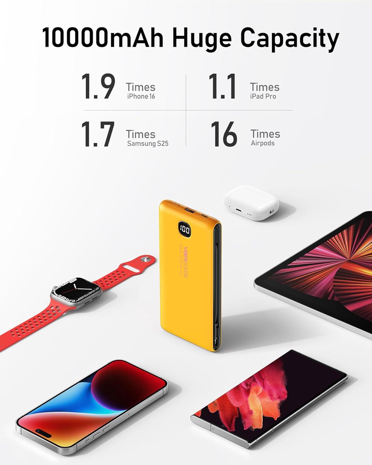 imageVEEKTOMX Portable Charger with Built in Cables 20000mAh Power Bank for iPhone with AC Wall Plug Fast Charging USB C Slim Battery Pack with LED Display Compatible with iPhone151413 SamsungOrange