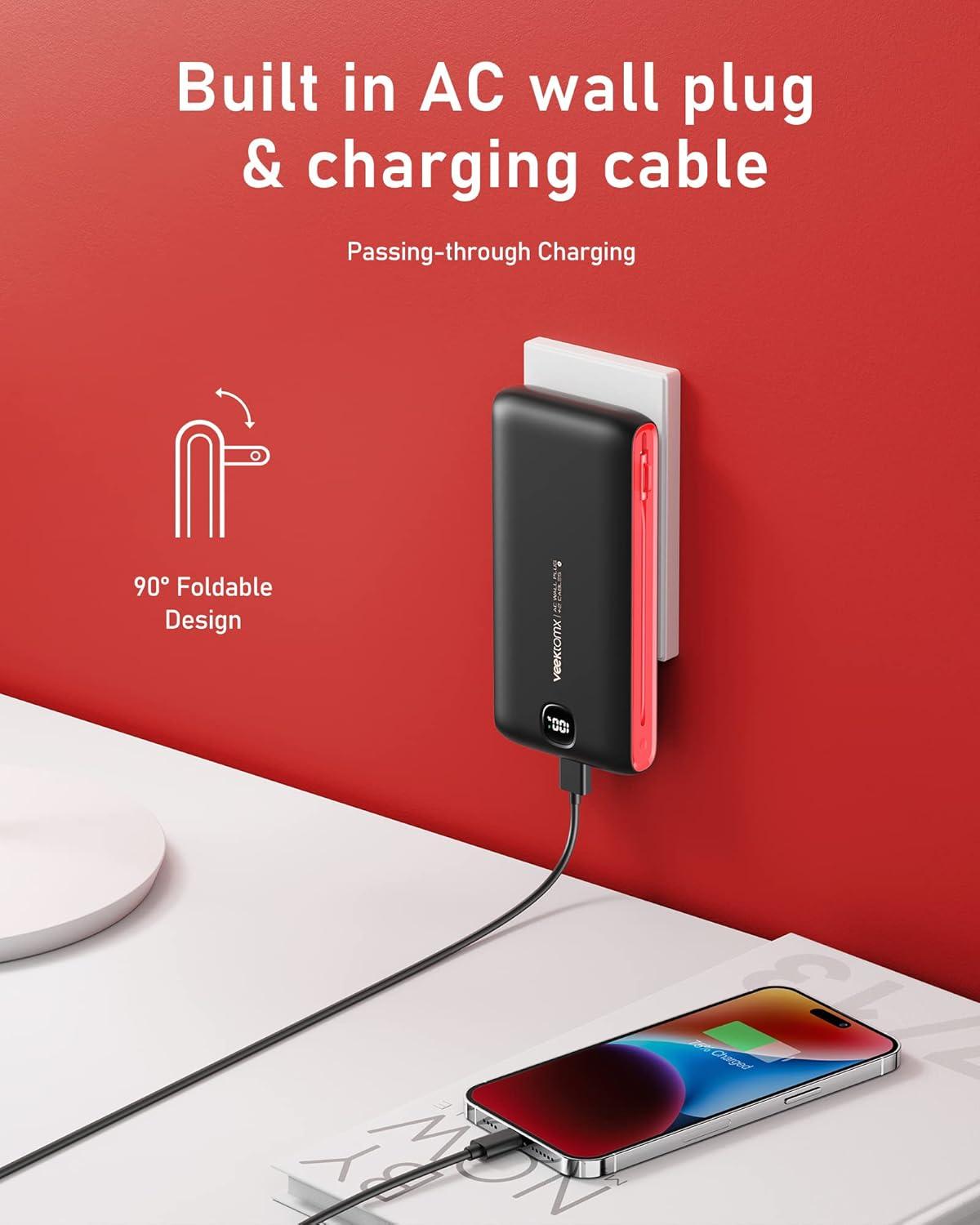 imageVEEKTOMX Portable Charger with Built in Cables 20000mAh Power Bank for iPhone with AC Wall Plug Fast Charging USB C Slim Battery Pack with LED Display Compatible with iPhone151413 Samsung20000mAh BlackRed