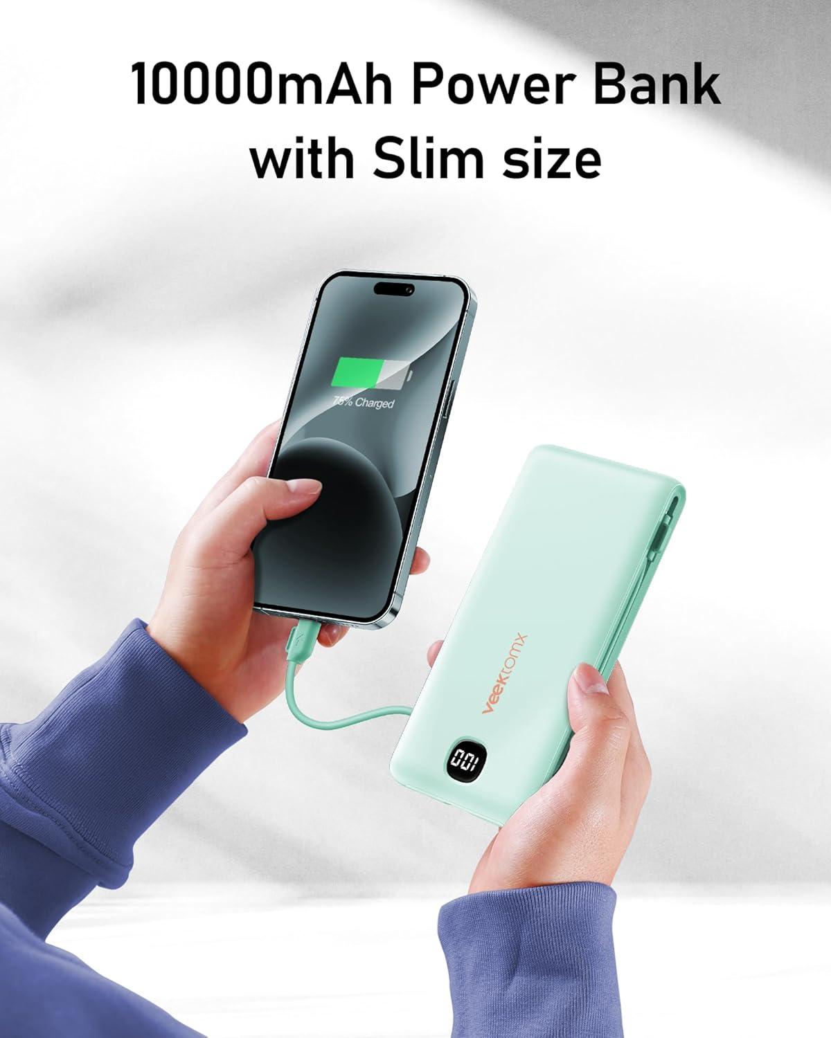 imageVEEKTOMX Portable Charger with Built in Cables 20000mAh Power Bank for iPhone with AC Wall Plug Fast Charging USB C Slim Battery Pack with LED Display Compatible with iPhone151413 SamsungCyan