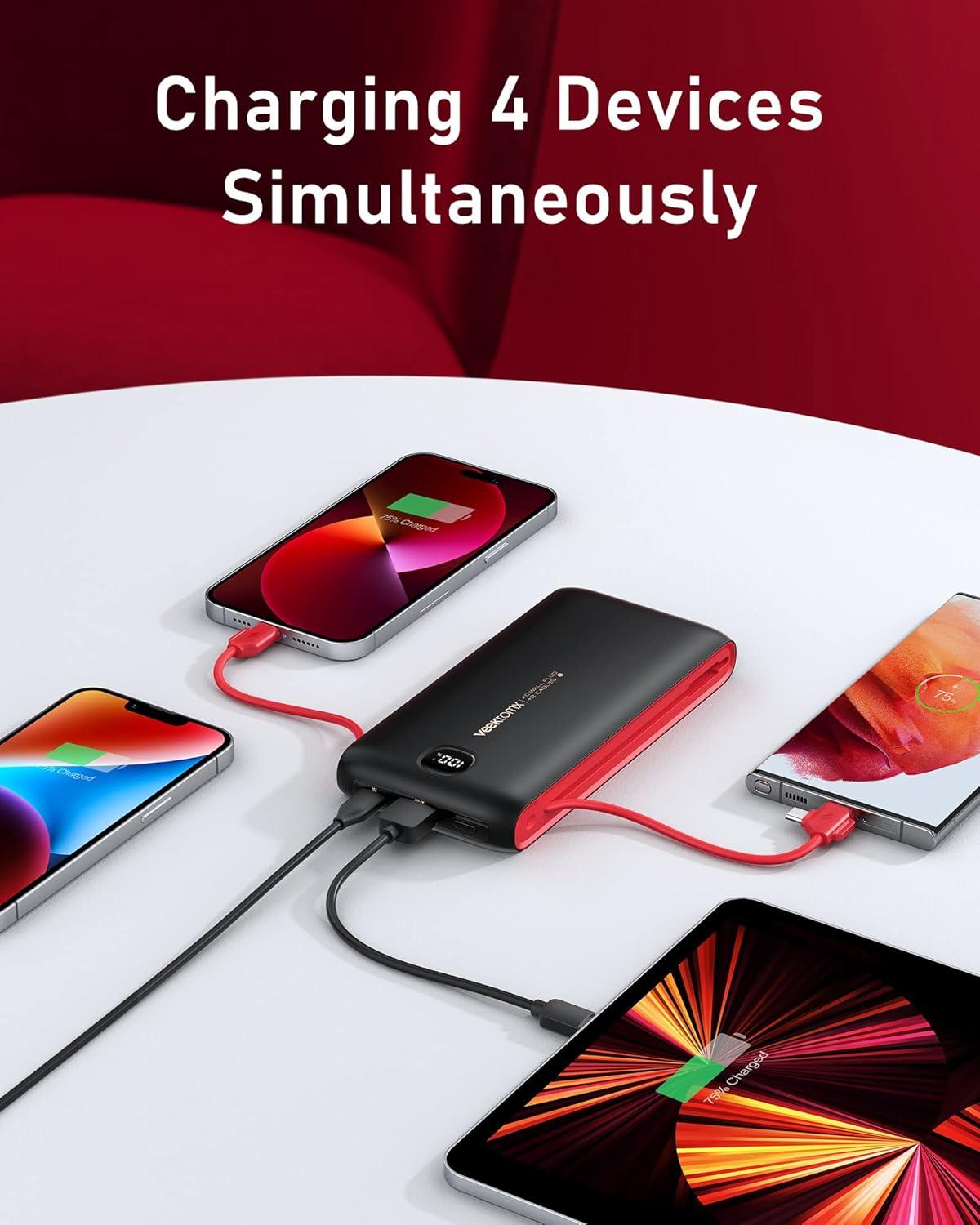 imageVEEKTOMX Portable Charger with Built in Cables 20000mAh Power Bank for iPhone with AC Wall Plug Fast Charging USB C Slim Battery Pack with LED Display Compatible with iPhone151413 Samsung20000mAh BlackRed