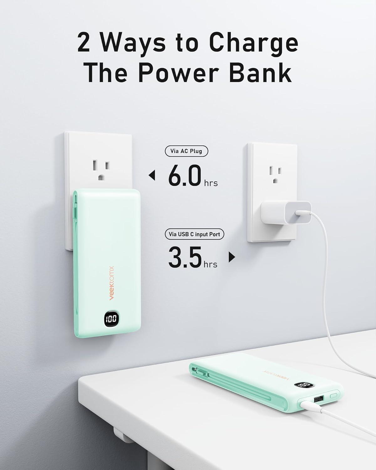 imageVEEKTOMX Portable Charger with Built in Cables 20000mAh Power Bank for iPhone with AC Wall Plug Fast Charging USB C Slim Battery Pack with LED Display Compatible with iPhone151413 SamsungCyan