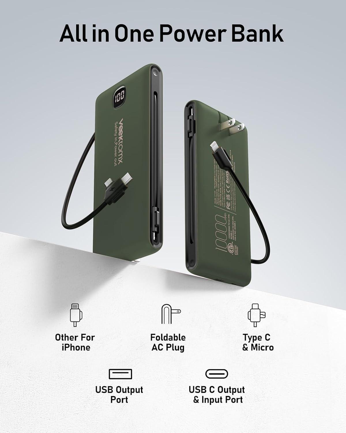 imageVEEKTOMX Portable Charger with Built in Cables 20000mAh Power Bank for iPhone with AC Wall Plug Fast Charging USB C Slim Battery Pack with LED Display Compatible with iPhone151413 SamsungDark Green