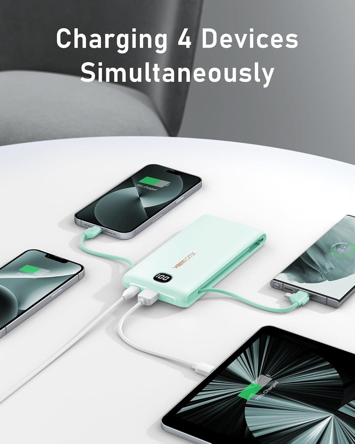 imageVEEKTOMX Portable Charger with Built in Cables 20000mAh Power Bank for iPhone with AC Wall Plug Fast Charging USB C Slim Battery Pack with LED Display Compatible with iPhone151413 SamsungCyan