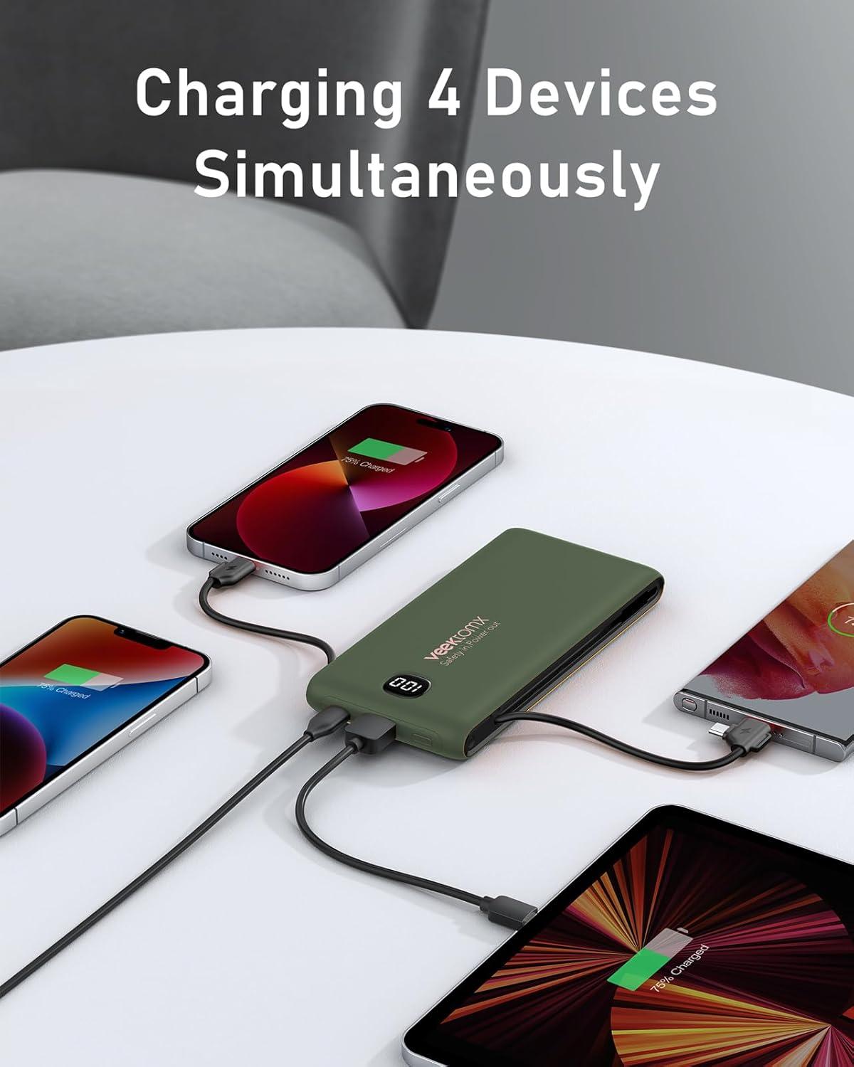 imageVEEKTOMX Portable Charger with Built in Cables 20000mAh Power Bank for iPhone with AC Wall Plug Fast Charging USB C Slim Battery Pack with LED Display Compatible with iPhone151413 SamsungDark Green