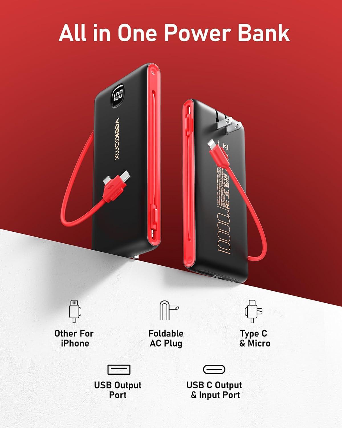 imageVEEKTOMX Portable Charger with Built in Cables 20000mAh Power Bank for iPhone with AC Wall Plug Fast Charging USB C Slim Battery Pack with LED Display Compatible with iPhone151413 Samsung10000mAh BlackRed