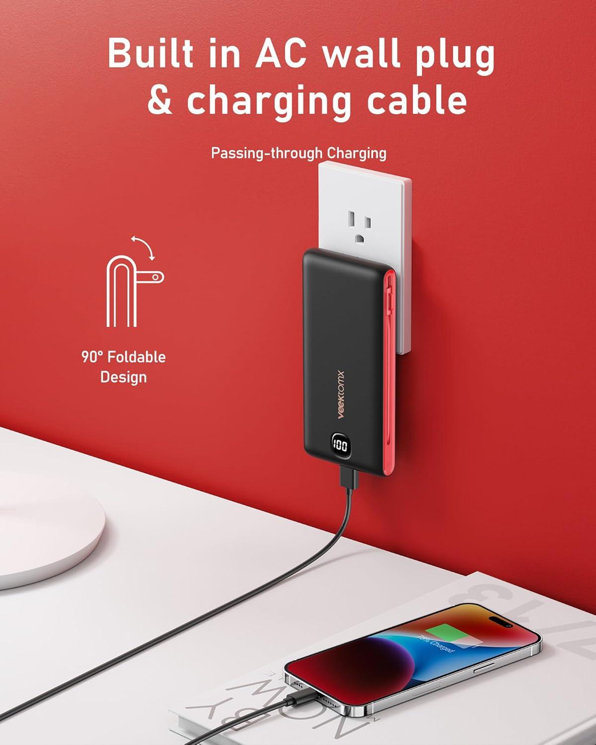 imageVEEKTOMX Portable Charger with Built in Cables 20000mAh Power Bank for iPhone with AC Wall Plug Fast Charging USB C Slim Battery Pack with LED Display Compatible with iPhone151413 Samsung10000mAh BlackRed