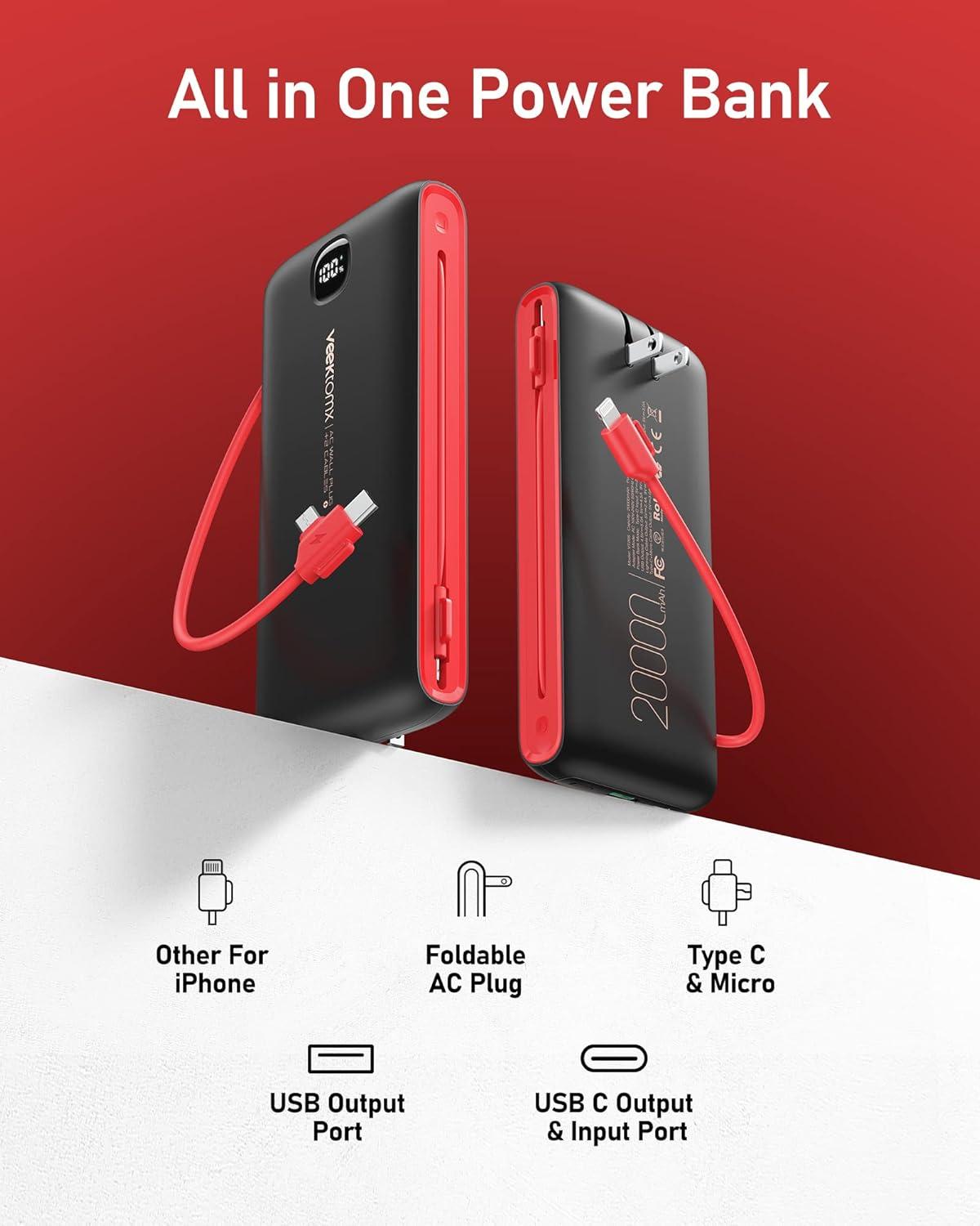 imageVEEKTOMX Portable Charger with Built in Cables 20000mAh Power Bank for iPhone with AC Wall Plug Fast Charging USB C Slim Battery Pack with LED Display Compatible with iPhone151413 Samsung20000mAh BlackRed