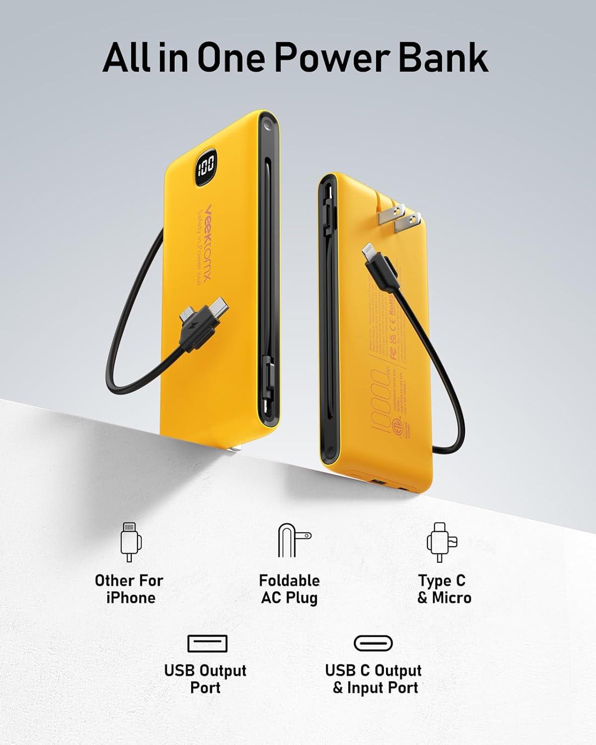 imageVEEKTOMX Portable Charger with Built in Cables 20000mAh Power Bank for iPhone with AC Wall Plug Fast Charging USB C Slim Battery Pack with LED Display Compatible with iPhone151413 SamsungOrange