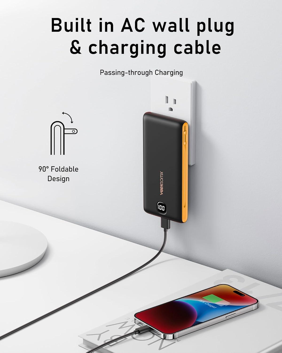 imageVEEKTOMX Portable Charger with Built in Cables 20000mAh Power Bank for iPhone with AC Wall Plug Fast Charging USB C Slim Battery Pack with LED Display Compatible with iPhone151413 SamsungDark GrayYellow