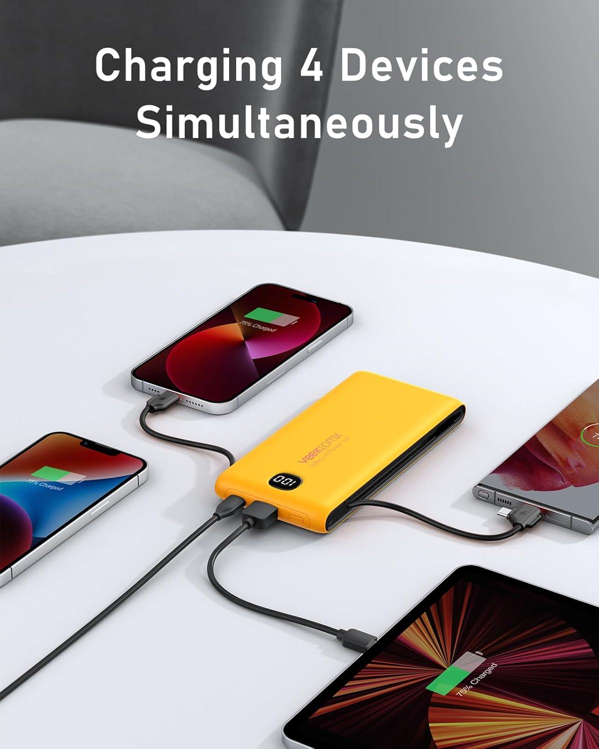 imageVEEKTOMX Portable Charger with Built in Cables 20000mAh Power Bank for iPhone with AC Wall Plug Fast Charging USB C Slim Battery Pack with LED Display Compatible with iPhone151413 SamsungOrange