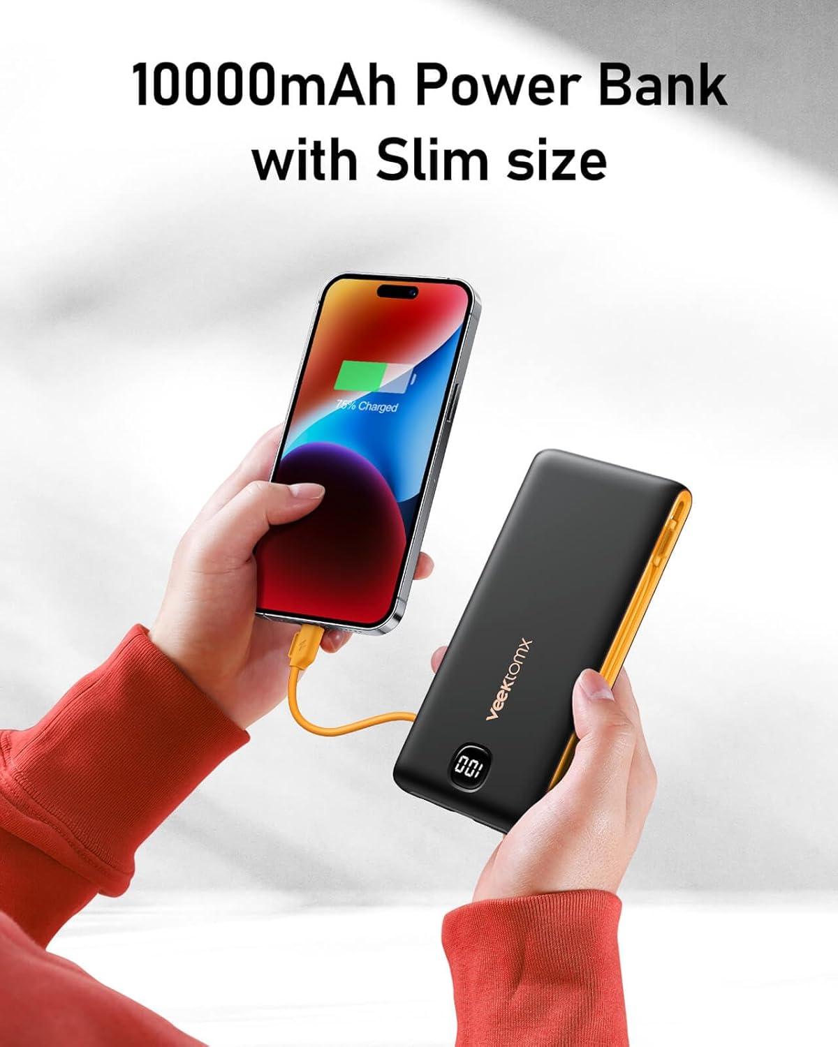 imageVEEKTOMX Portable Charger with Built in Cables 20000mAh Power Bank for iPhone with AC Wall Plug Fast Charging USB C Slim Battery Pack with LED Display Compatible with iPhone151413 SamsungDark GrayYellow