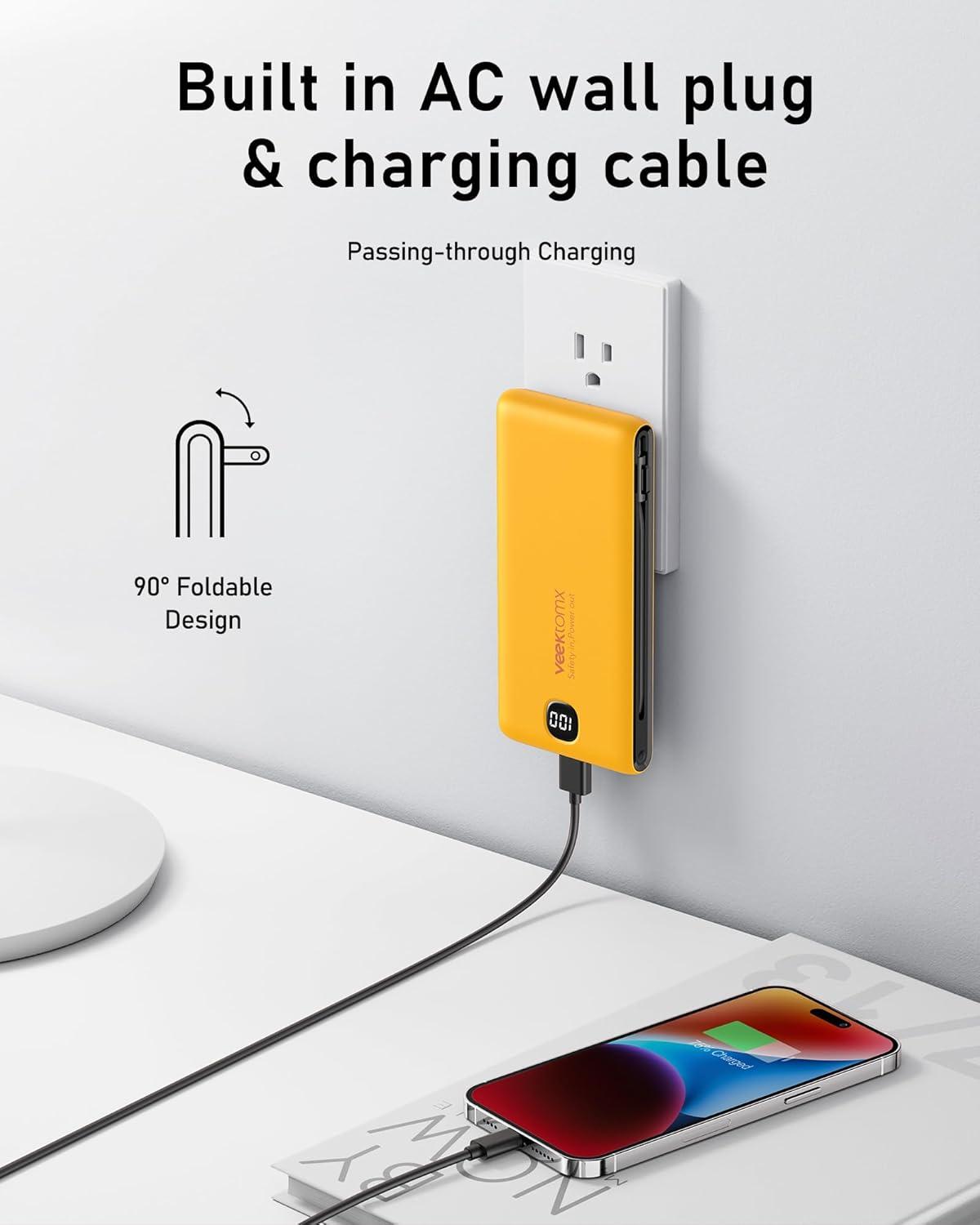 imageVEEKTOMX Portable Charger with Built in Cables 20000mAh Power Bank for iPhone with AC Wall Plug Fast Charging USB C Slim Battery Pack with LED Display Compatible with iPhone151413 SamsungOrange