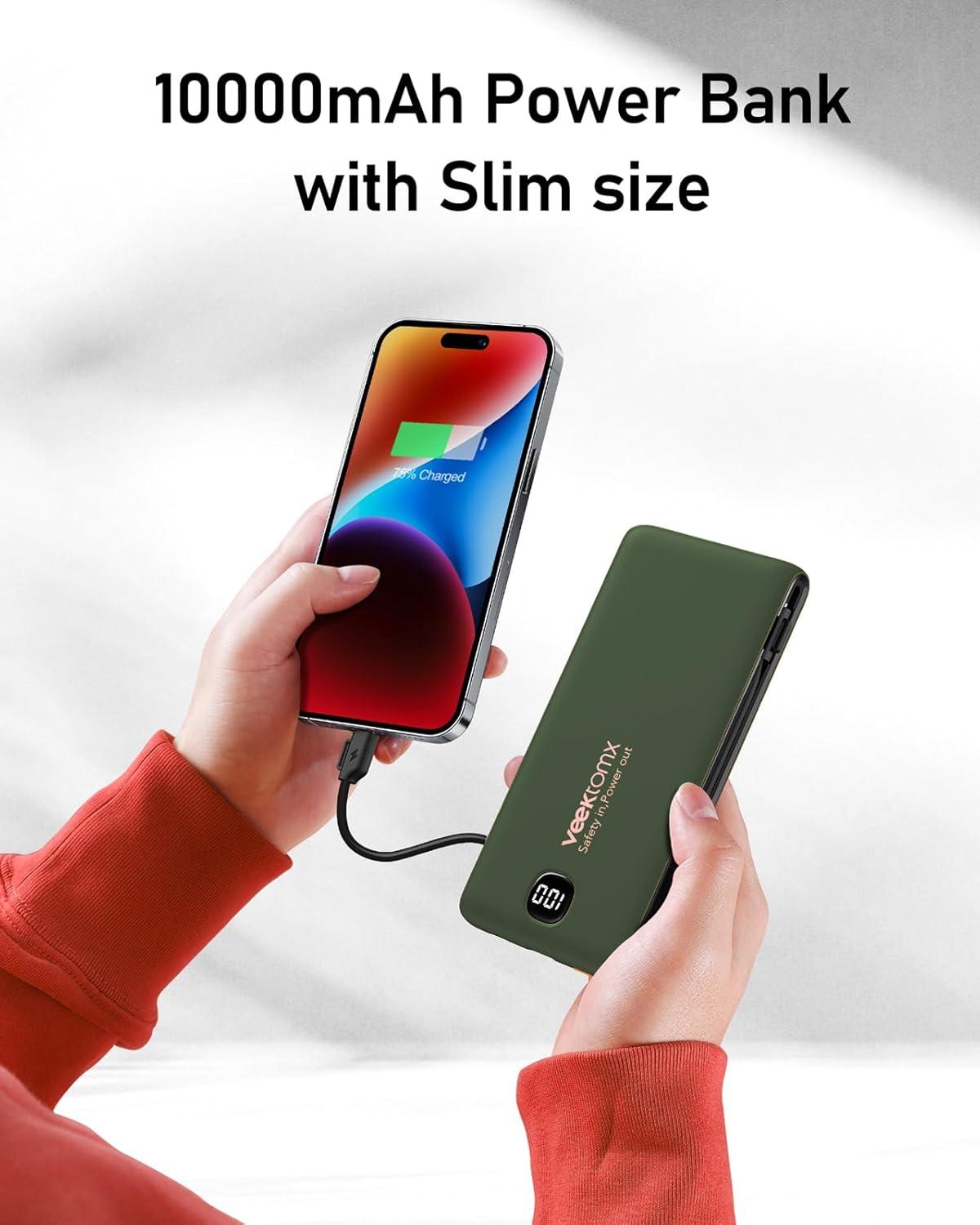 imageVEEKTOMX Portable Charger with Built in Cables 20000mAh Power Bank for iPhone with AC Wall Plug Fast Charging USB C Slim Battery Pack with LED Display Compatible with iPhone151413 SamsungDark Green
