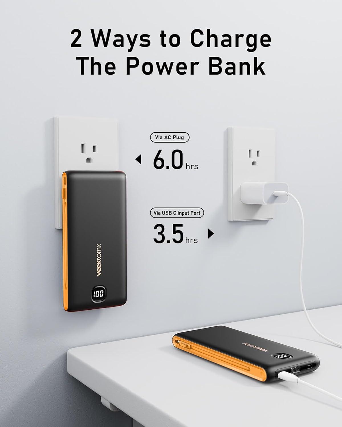 imageVEEKTOMX Portable Charger with Built in Cables 20000mAh Power Bank for iPhone with AC Wall Plug Fast Charging USB C Slim Battery Pack with LED Display Compatible with iPhone151413 SamsungDark GrayYellow