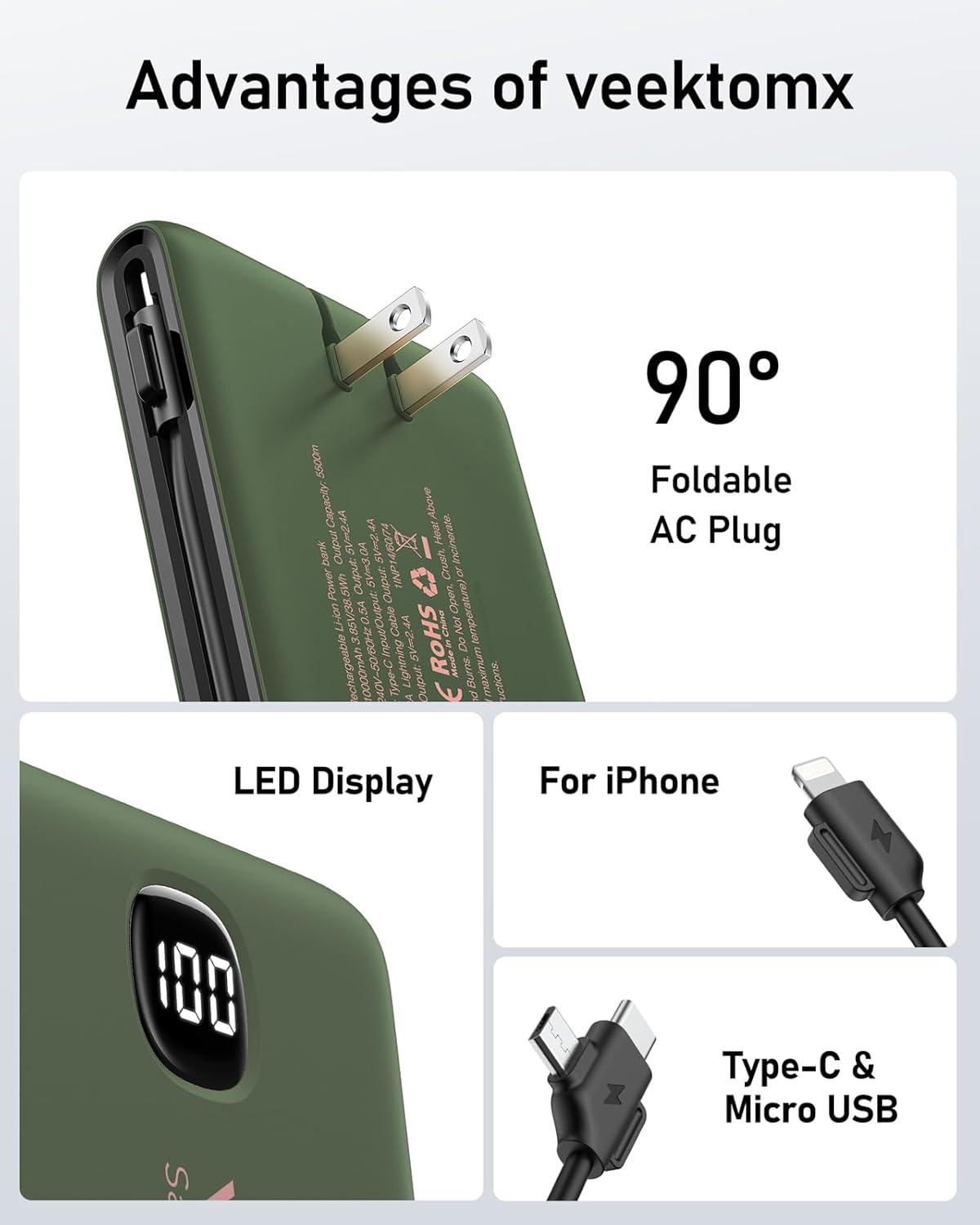 imageVEEKTOMX Portable Charger with Built in Cables 20000mAh Power Bank for iPhone with AC Wall Plug Fast Charging USB C Slim Battery Pack with LED Display Compatible with iPhone151413 SamsungDark Green