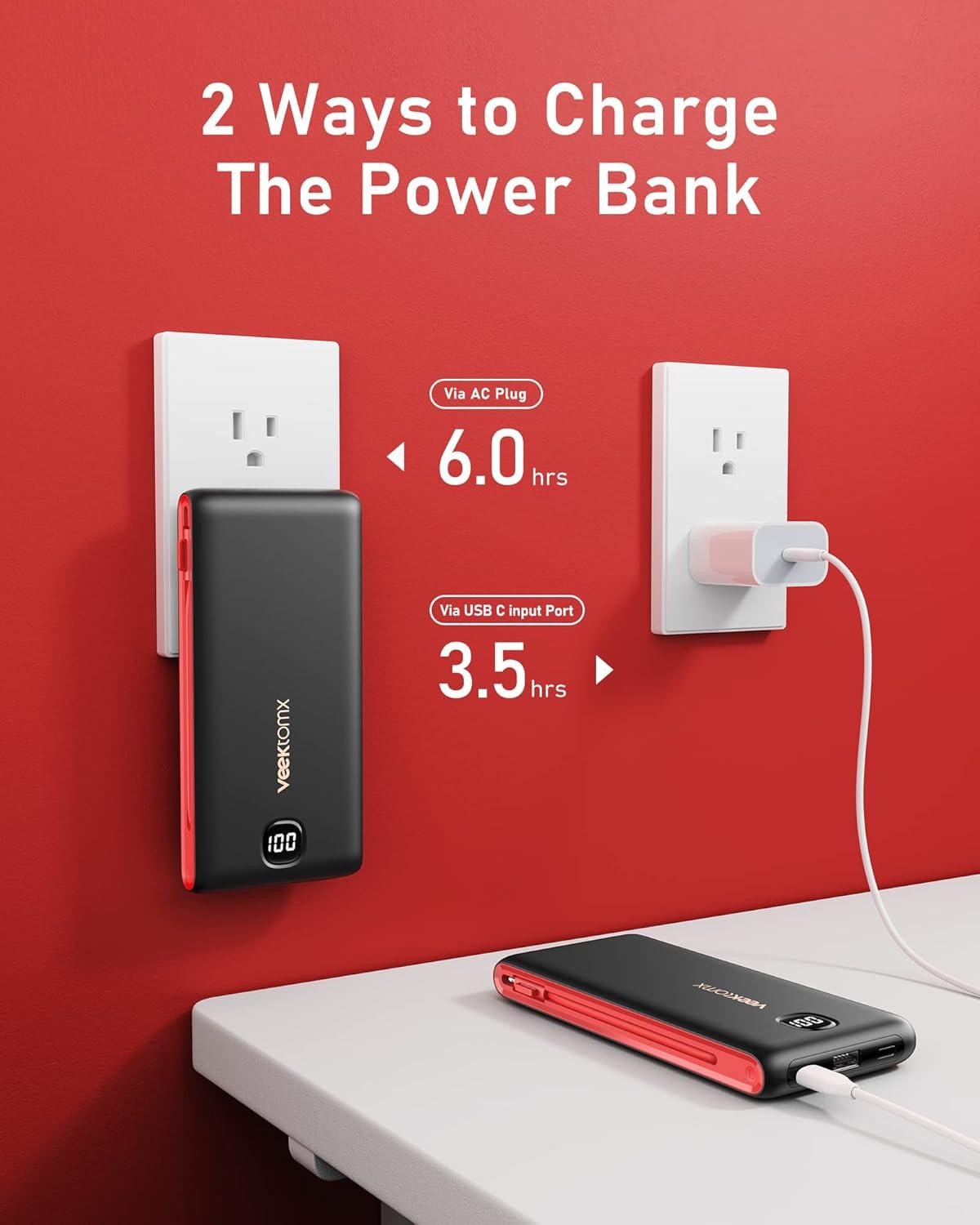 imageVEEKTOMX Portable Charger with Built in Cables 20000mAh Power Bank for iPhone with AC Wall Plug Fast Charging USB C Slim Battery Pack with LED Display Compatible with iPhone151413 Samsung10000mAh BlackRed