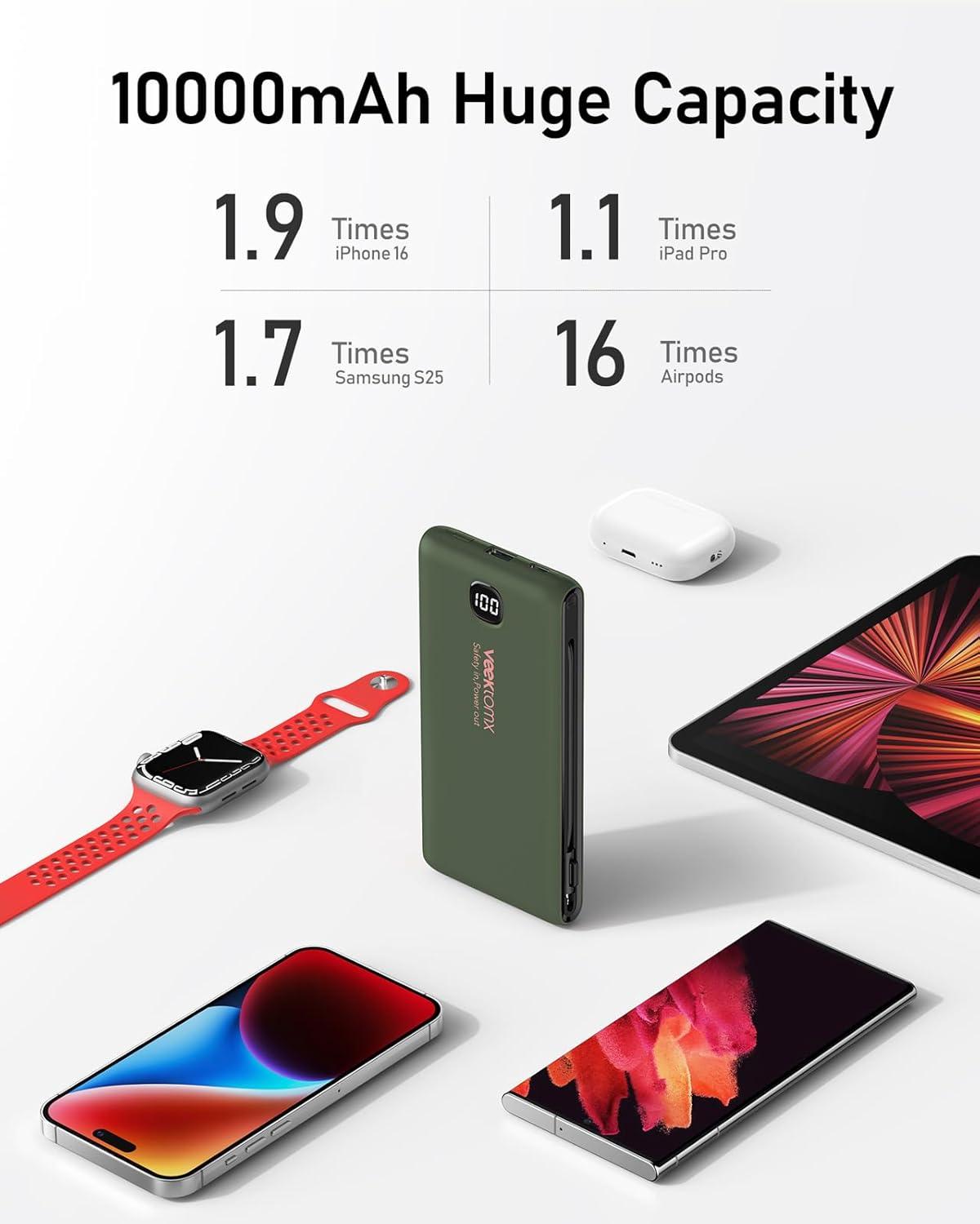 imageVEEKTOMX Portable Charger with Built in Cables 20000mAh Power Bank for iPhone with AC Wall Plug Fast Charging USB C Slim Battery Pack with LED Display Compatible with iPhone151413 SamsungDark Green
