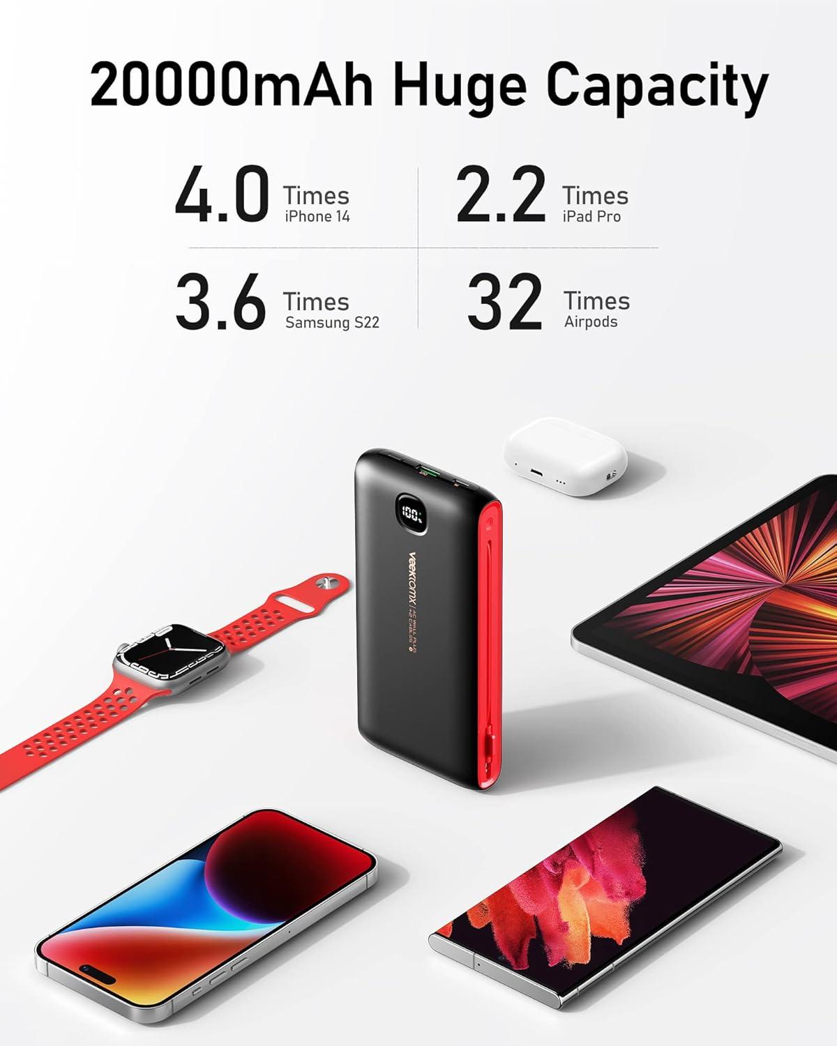 imageVEEKTOMX Portable Charger with Built in Cables 20000mAh Power Bank for iPhone with AC Wall Plug Fast Charging USB C Slim Battery Pack with LED Display Compatible with iPhone151413 Samsung20000mAh BlackRed
