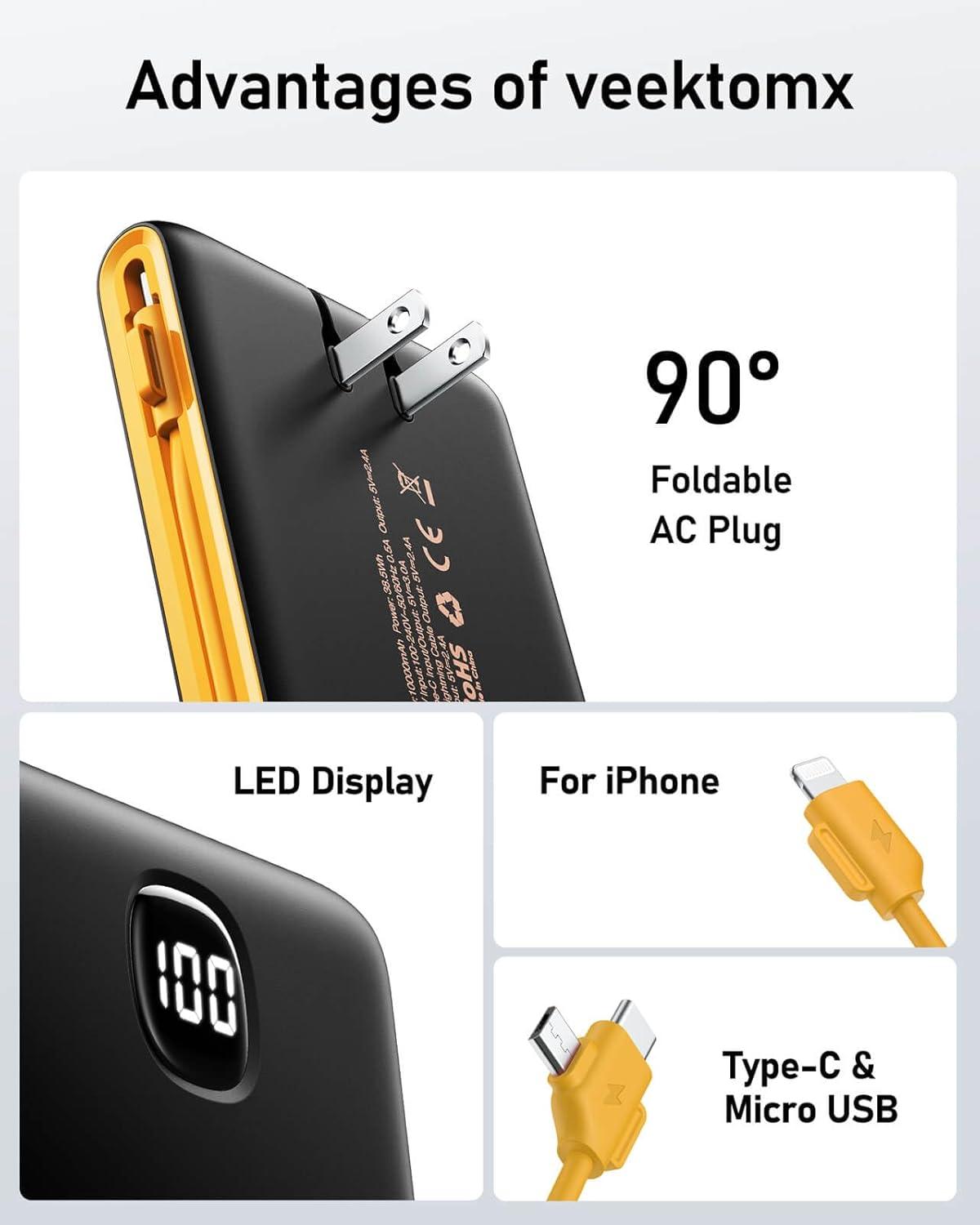imageVEEKTOMX Portable Charger with Built in Cables 20000mAh Power Bank for iPhone with AC Wall Plug Fast Charging USB C Slim Battery Pack with LED Display Compatible with iPhone151413 SamsungDark GrayYellow