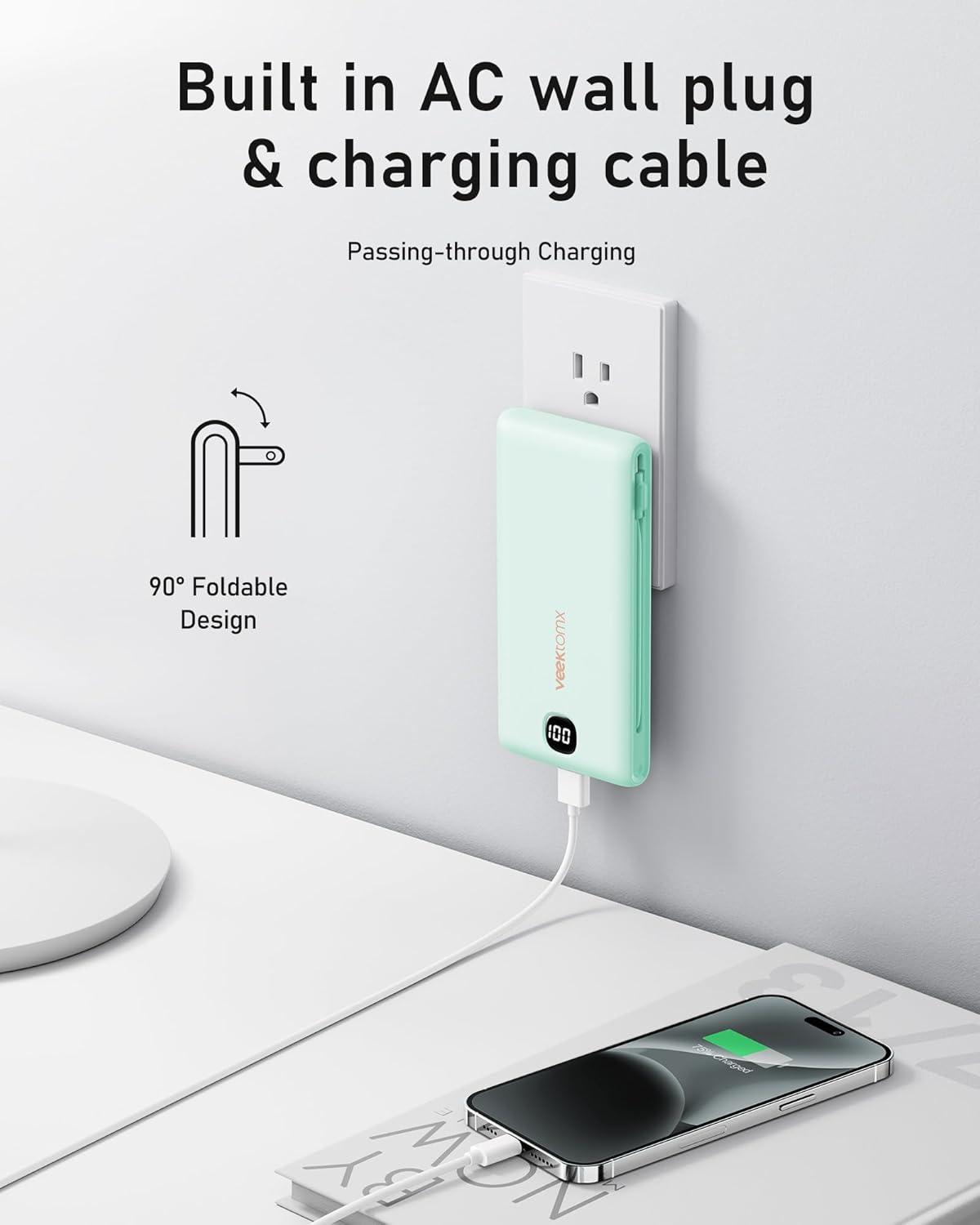 imageVEEKTOMX Portable Charger with Built in Cables 20000mAh Power Bank for iPhone with AC Wall Plug Fast Charging USB C Slim Battery Pack with LED Display Compatible with iPhone151413 SamsungCyan