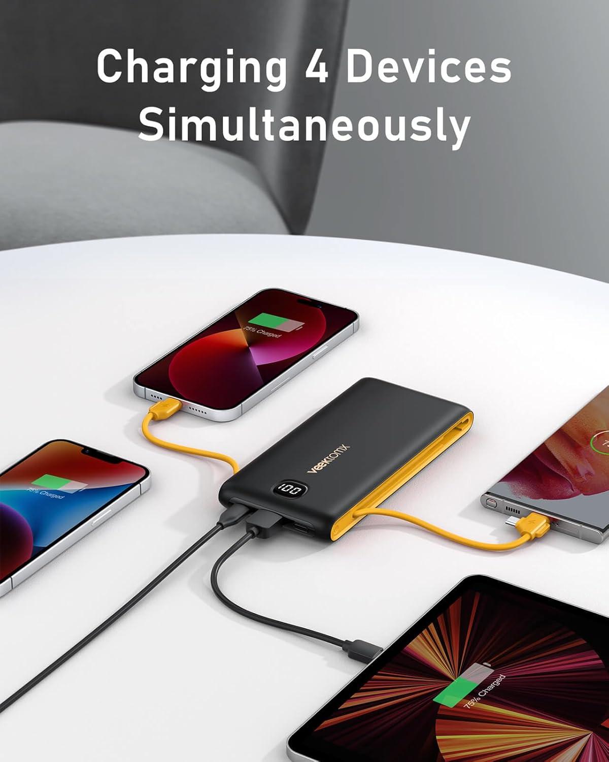 imageVEEKTOMX Portable Charger with Built in Cables 20000mAh Power Bank for iPhone with AC Wall Plug Fast Charging USB C Slim Battery Pack with LED Display Compatible with iPhone151413 SamsungDark GrayYellow