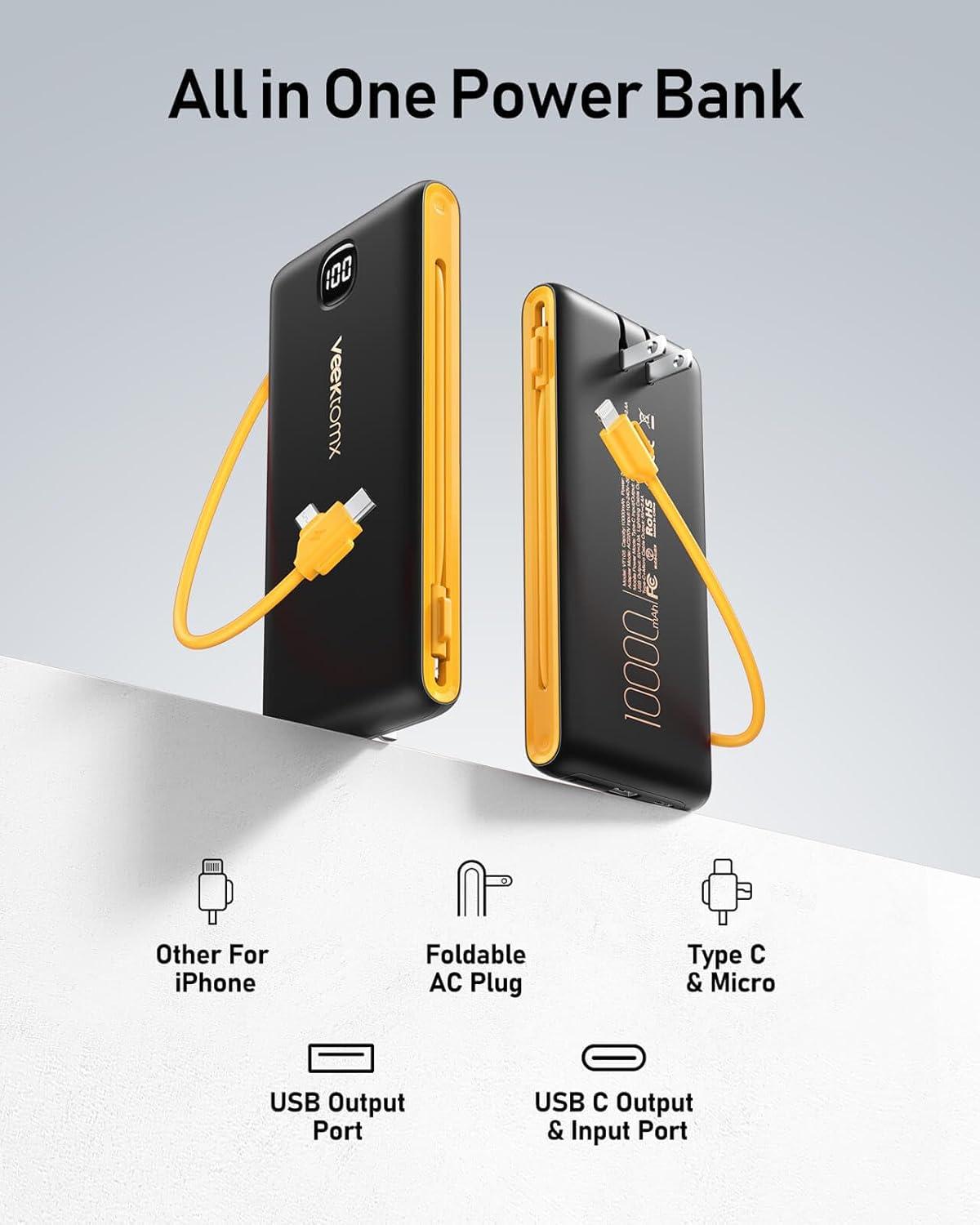 imageVEEKTOMX Portable Charger with Built in Cables 20000mAh Power Bank for iPhone with AC Wall Plug Fast Charging USB C Slim Battery Pack with LED Display Compatible with iPhone151413 SamsungDark GrayYellow
