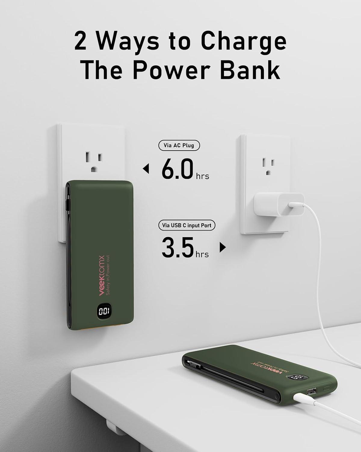 imageVEEKTOMX Portable Charger with Built in Cables 20000mAh Power Bank for iPhone with AC Wall Plug Fast Charging USB C Slim Battery Pack with LED Display Compatible with iPhone151413 SamsungDark Green