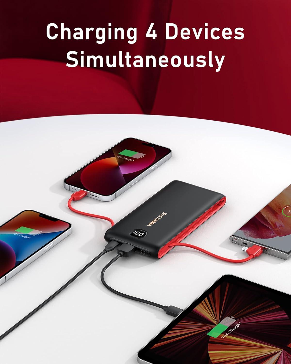 imageVEEKTOMX Portable Charger with Built in Cables 20000mAh Power Bank for iPhone with AC Wall Plug Fast Charging USB C Slim Battery Pack with LED Display Compatible with iPhone151413 Samsung10000mAh BlackRed