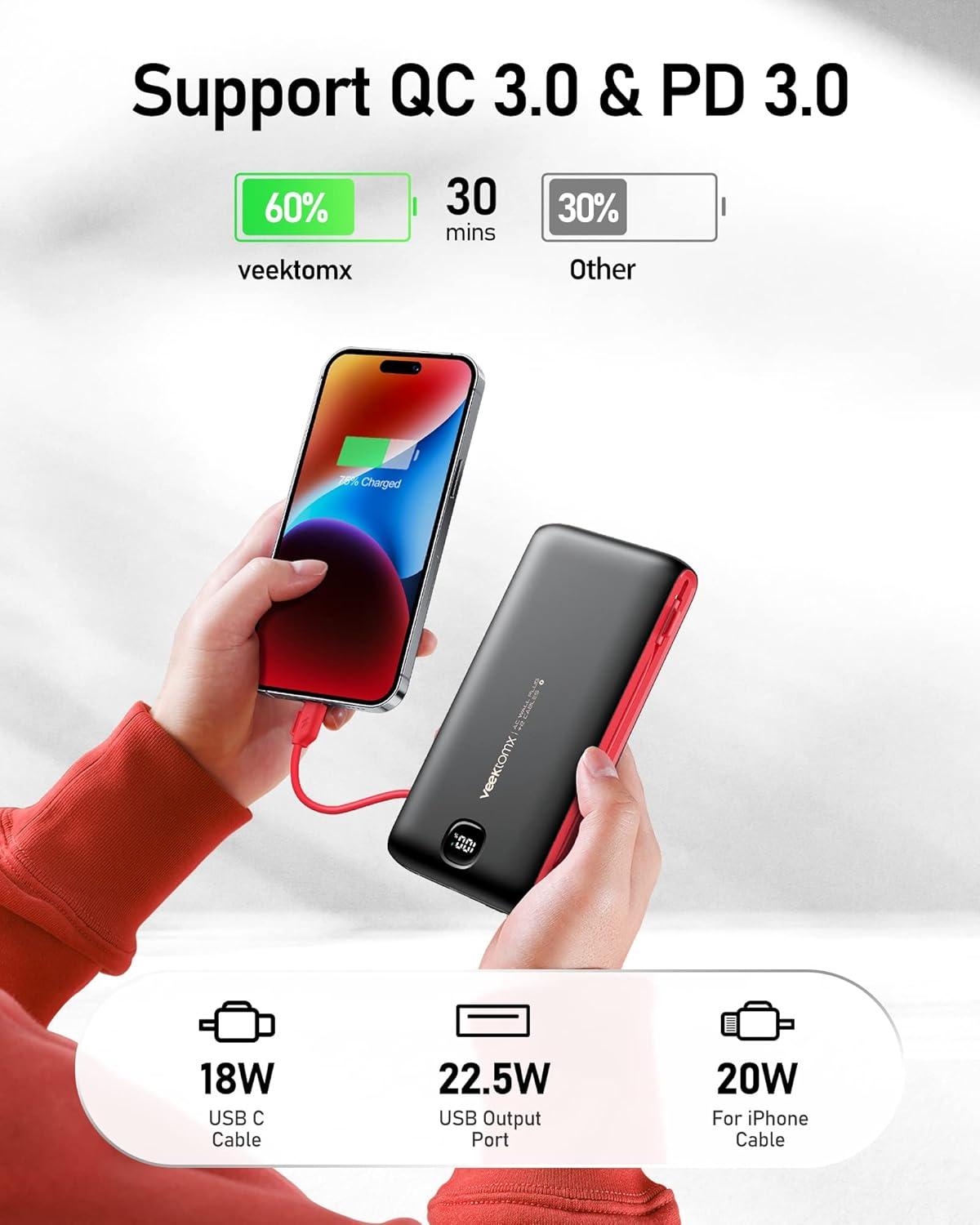 imageVEEKTOMX Portable Charger with Built in Cables 20000mAh Power Bank for iPhone with AC Wall Plug Fast Charging USB C Slim Battery Pack with LED Display Compatible with iPhone151413 Samsung20000mAh BlackRed