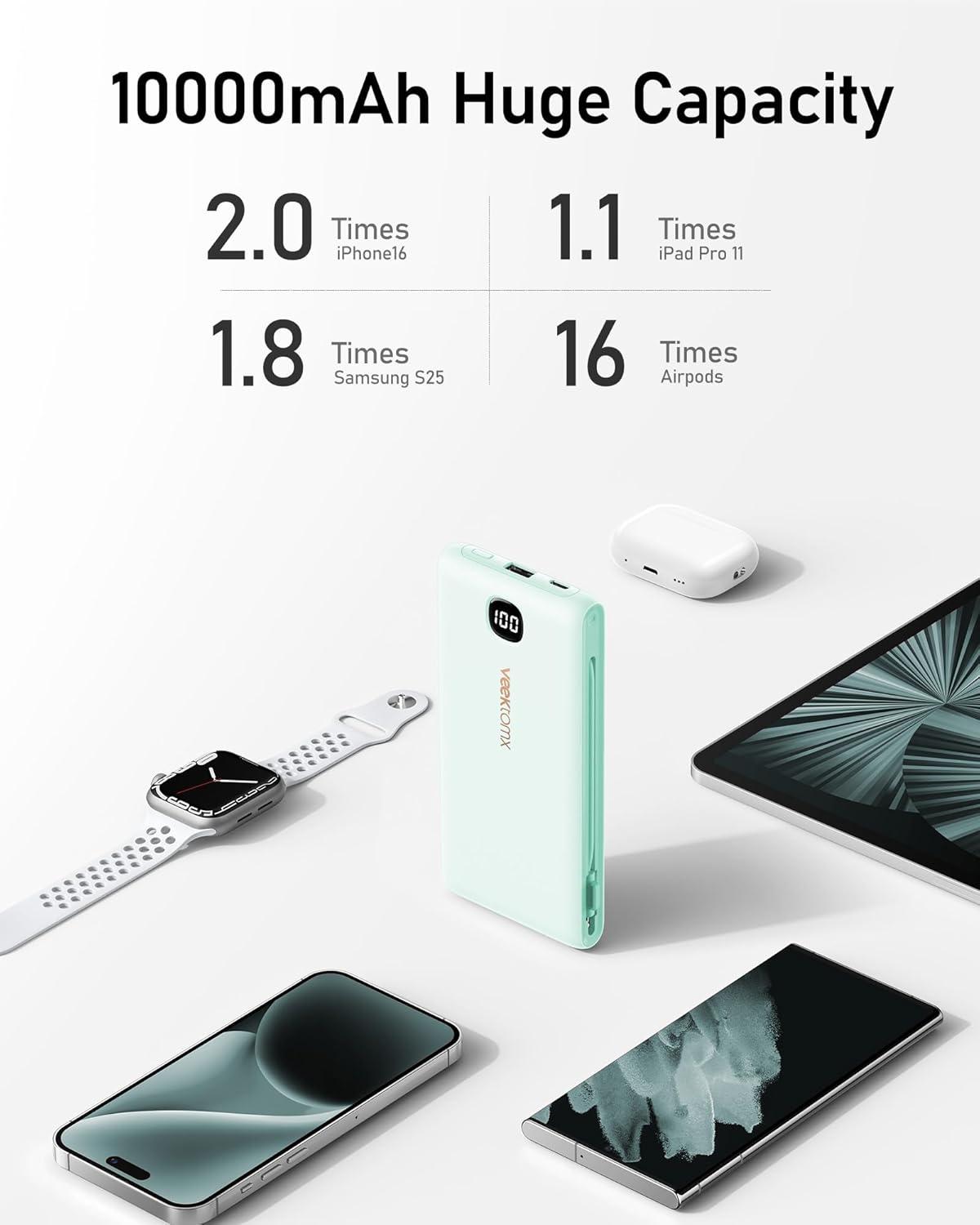imageVEEKTOMX Portable Charger with Built in Cables 20000mAh Power Bank for iPhone with AC Wall Plug Fast Charging USB C Slim Battery Pack with LED Display Compatible with iPhone151413 SamsungCyan