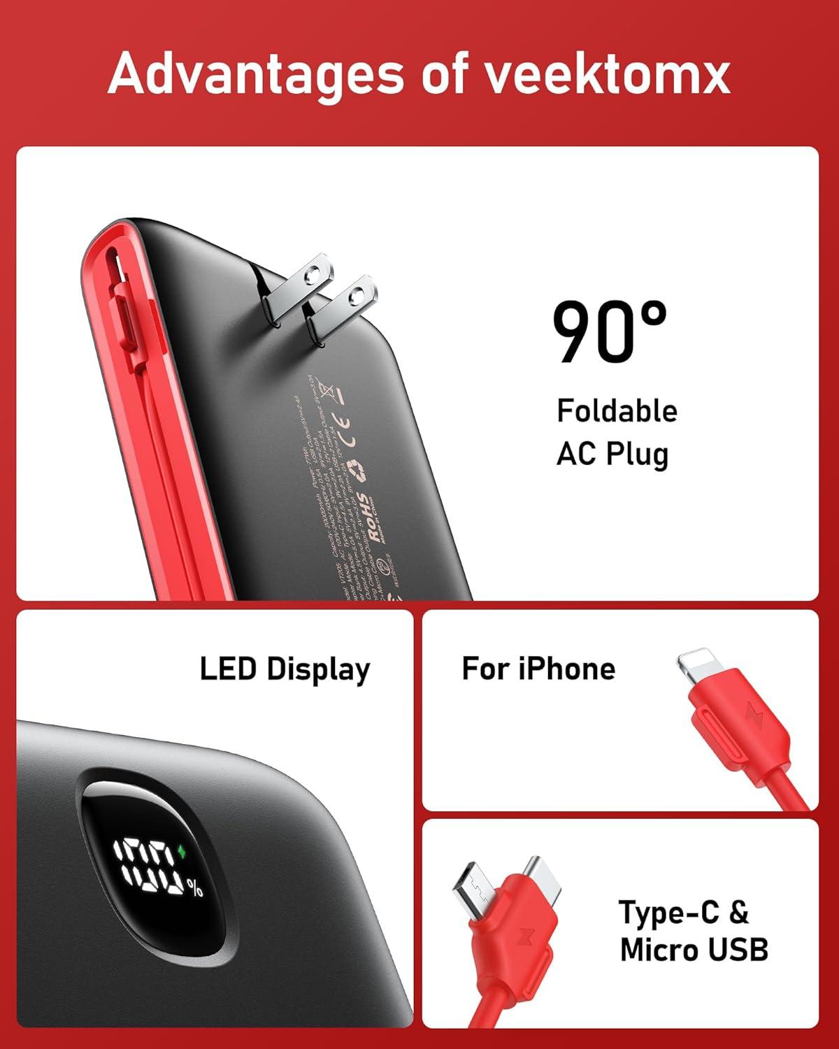 imageVEEKTOMX Portable Charger with Built in Cables 20000mAh Power Bank for iPhone with AC Wall Plug Fast Charging USB C Slim Battery Pack with LED Display Compatible with iPhone151413 Samsung20000mAh BlackRed