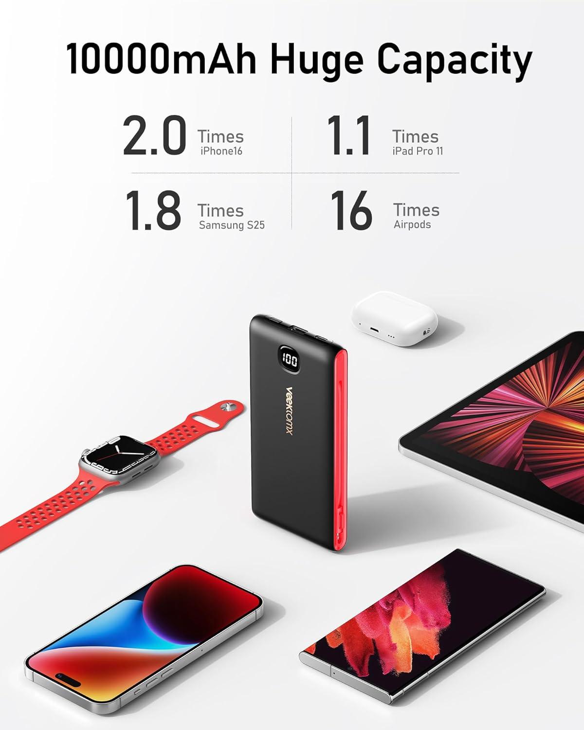 imageVEEKTOMX Portable Charger with Built in Cables 20000mAh Power Bank for iPhone with AC Wall Plug Fast Charging USB C Slim Battery Pack with LED Display Compatible with iPhone151413 Samsung10000mAh BlackRed