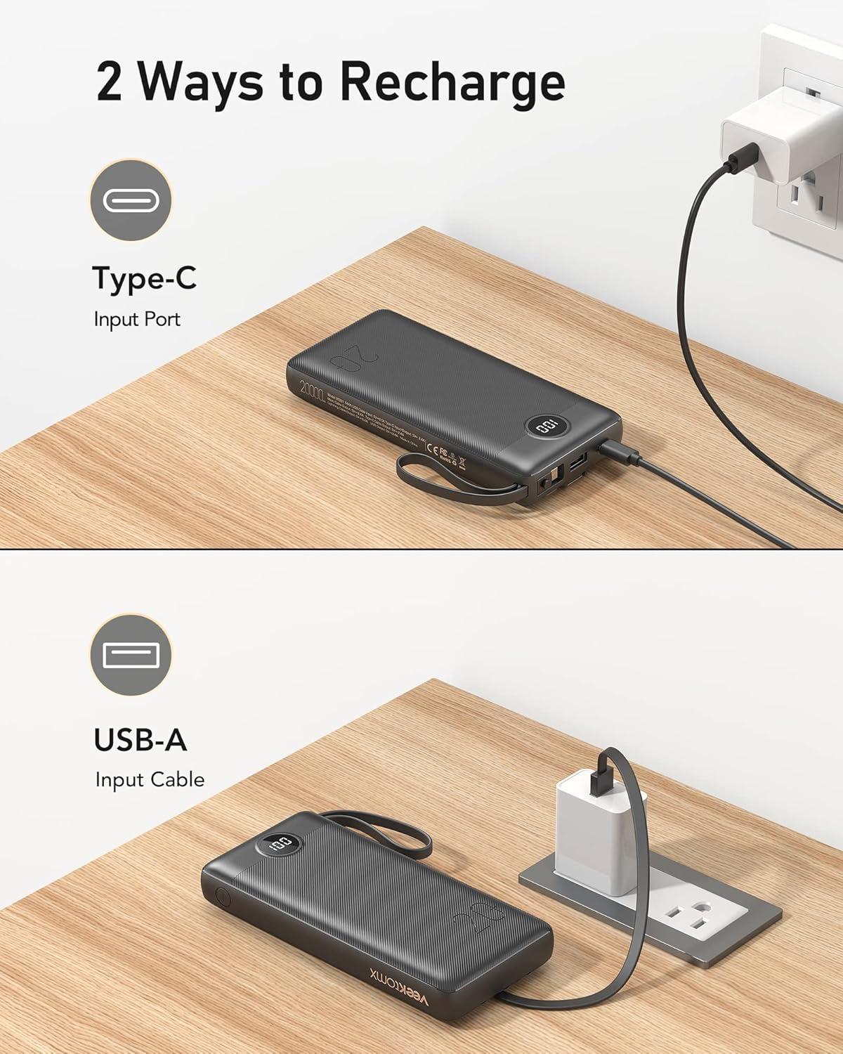 imageVEEKTOMX Portable Charger with Builtin Cables 20000mAh Power Bank for iPhone Fast Charging USB C Battery Pack Travel Essentials Powerbank Compatible with iPhone 151413 Samsung Android etc